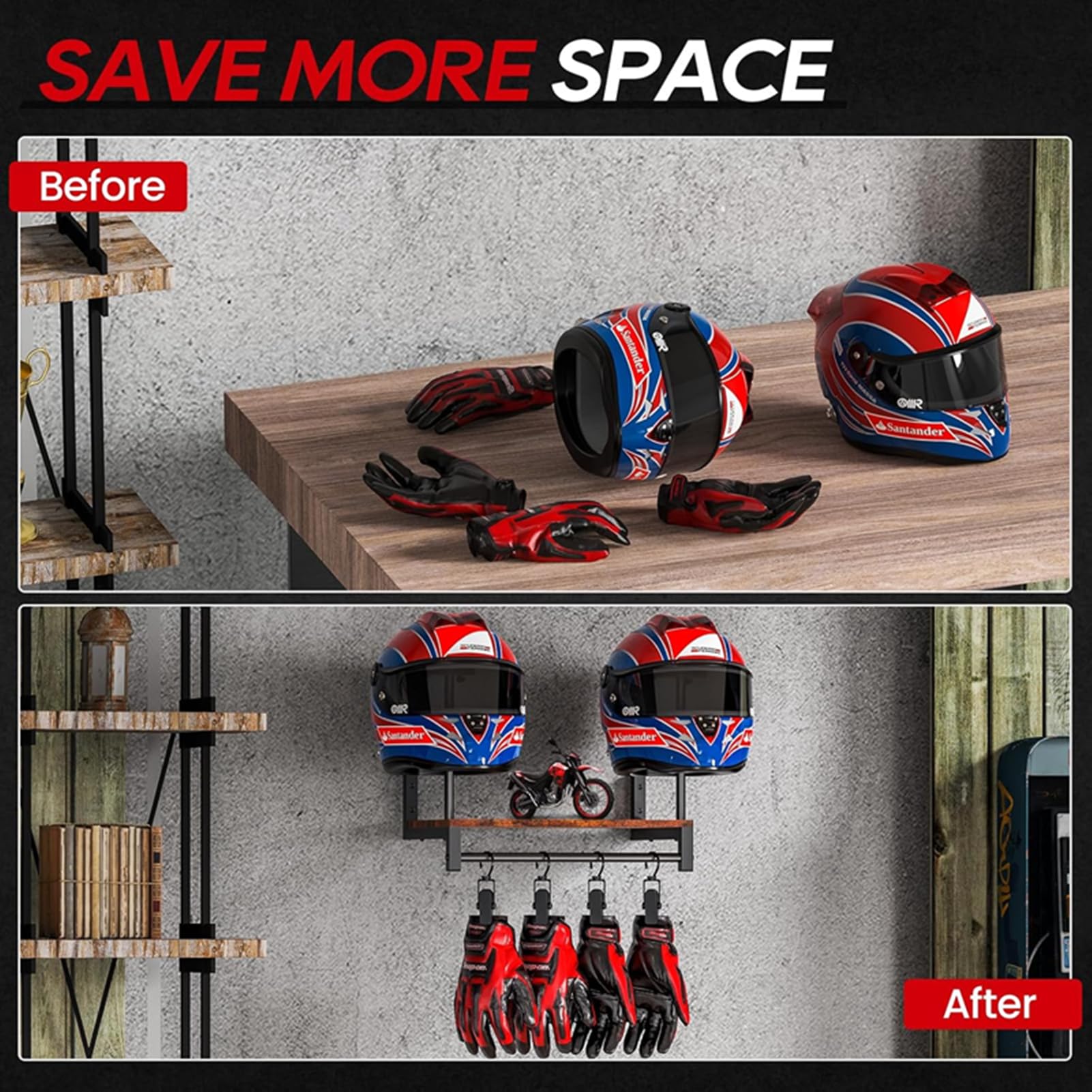 Portacasco da parete in legno e ferro stile retrò, con ripiano e 4 clip, appendi casco moto, giacca e guanti – 2 posti casco