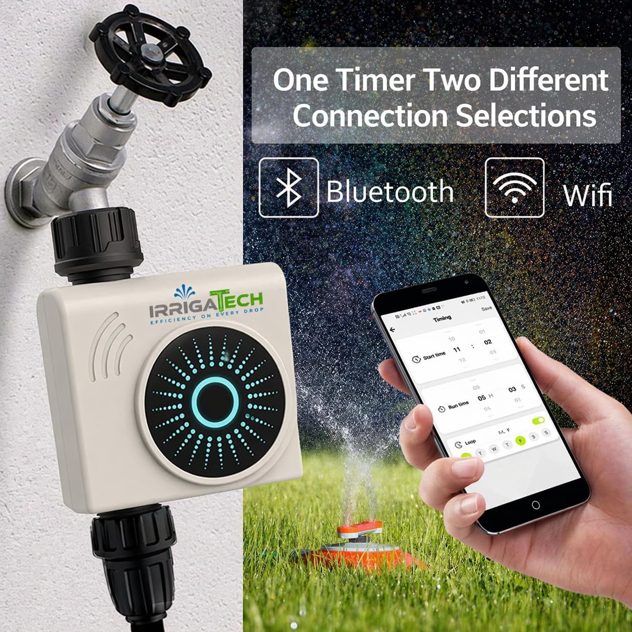 Timer di irrigazione intelligente WiFi e Bluetooth con Gateway, 1 zona, programmatore automatico per rubinetto, controllo app, compatibile Alexa e Google, Rain Delay.