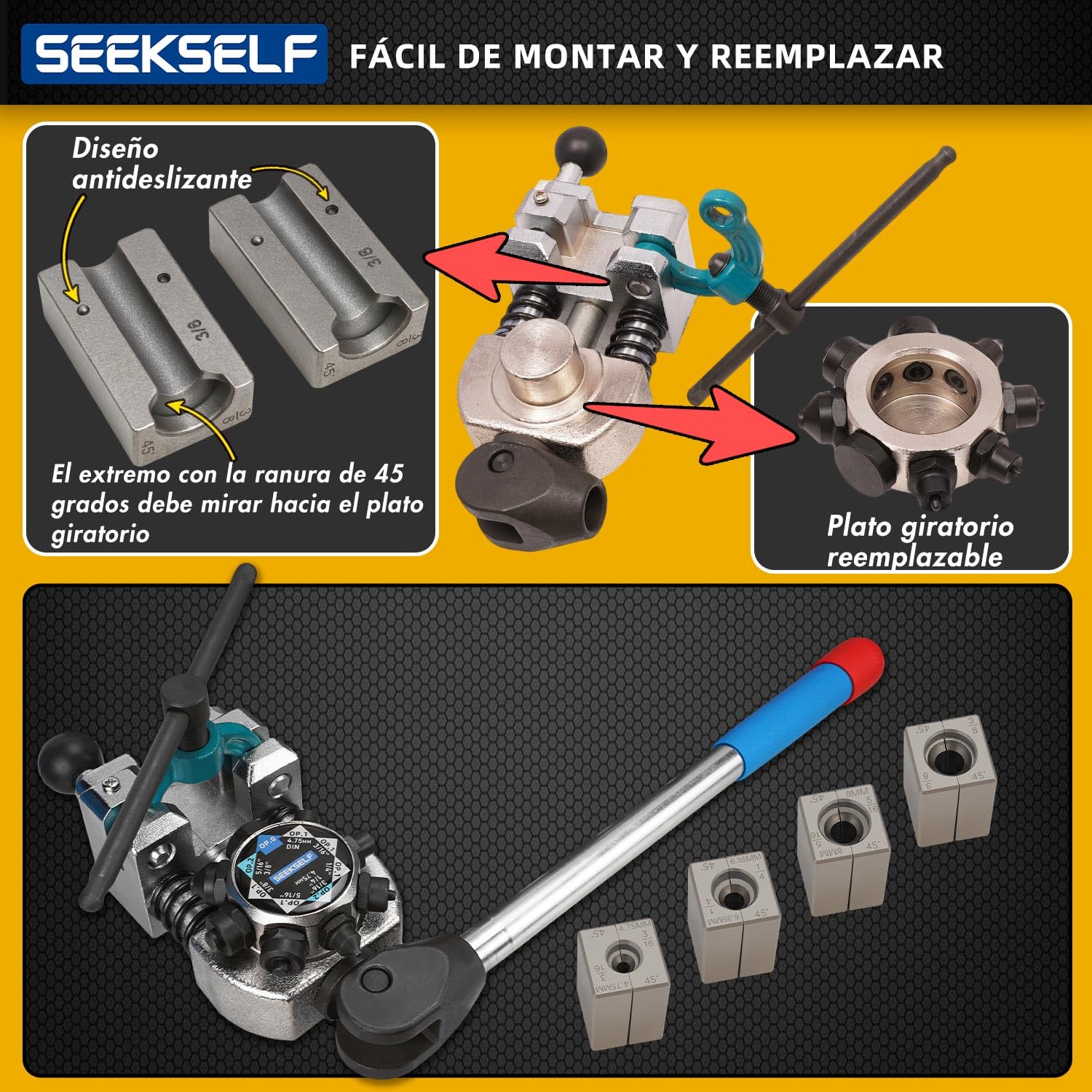 Profesional Kit Abocardar Líneas Freno 45° (Simple/Doble/Burbuja) - Incluye 3/16"-3/8" y 4.75mm para Tubos Acero/Cobre - Herramientas Mecánicas