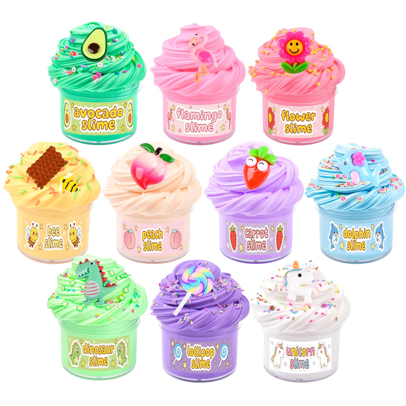 Premium Scented Butter Slime,10 Pack Slimes,with Peache, Dinosaur, Unicorn, Bee and More Charms,10 Fun Slime Add Ins, Pre-Made Slime for Kids, Great 6 Year Old Toys, Super Soft Sludge Toy. Mini