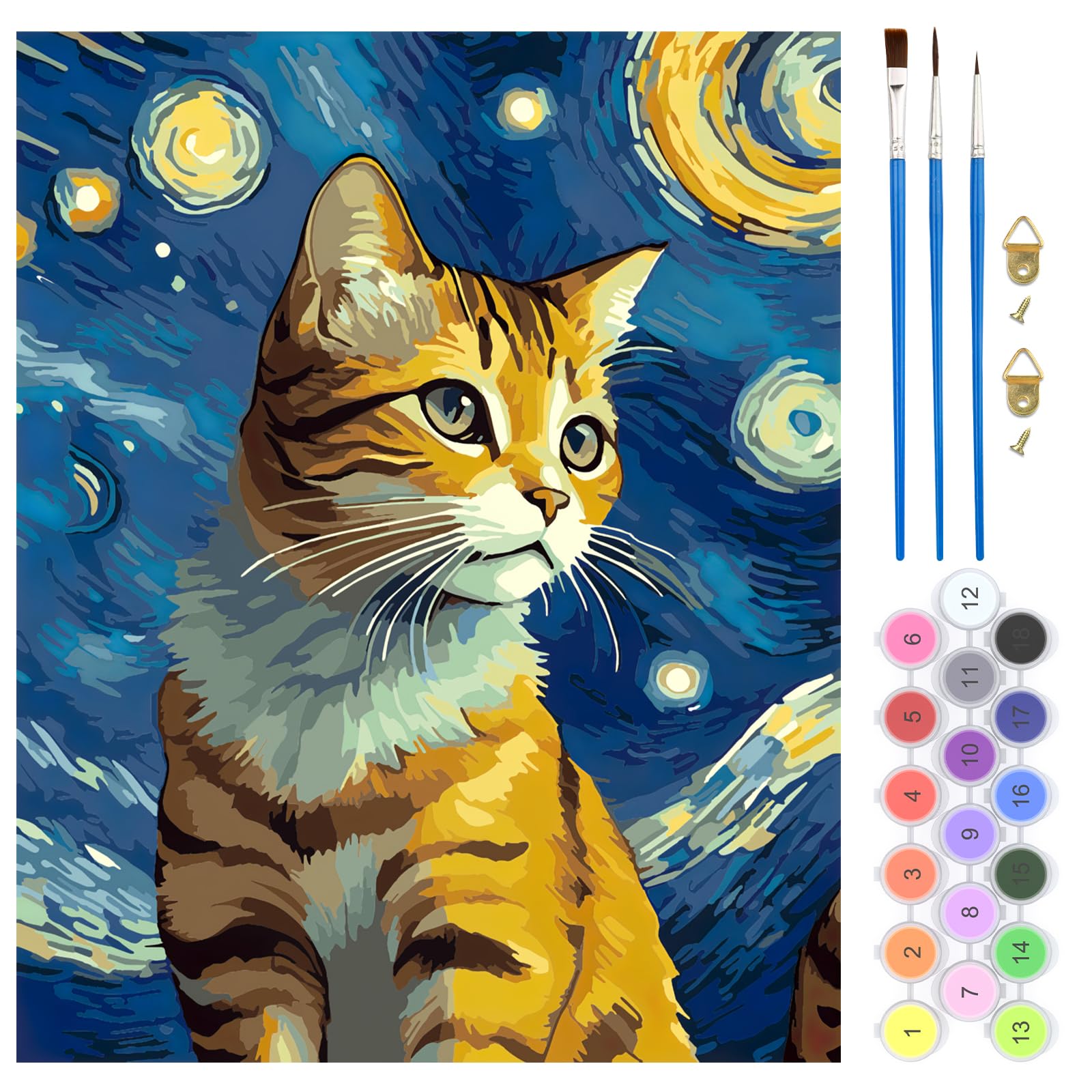 QENSPE Gato Pintura por Números para Adultos, Kit de Pintar por Números DIY con 3 Pinceles y Pinturas Acrílicas, Sin Marco 40x50 cm, Regalo para Decoración de Pared del Hogar - Noche Estrellada