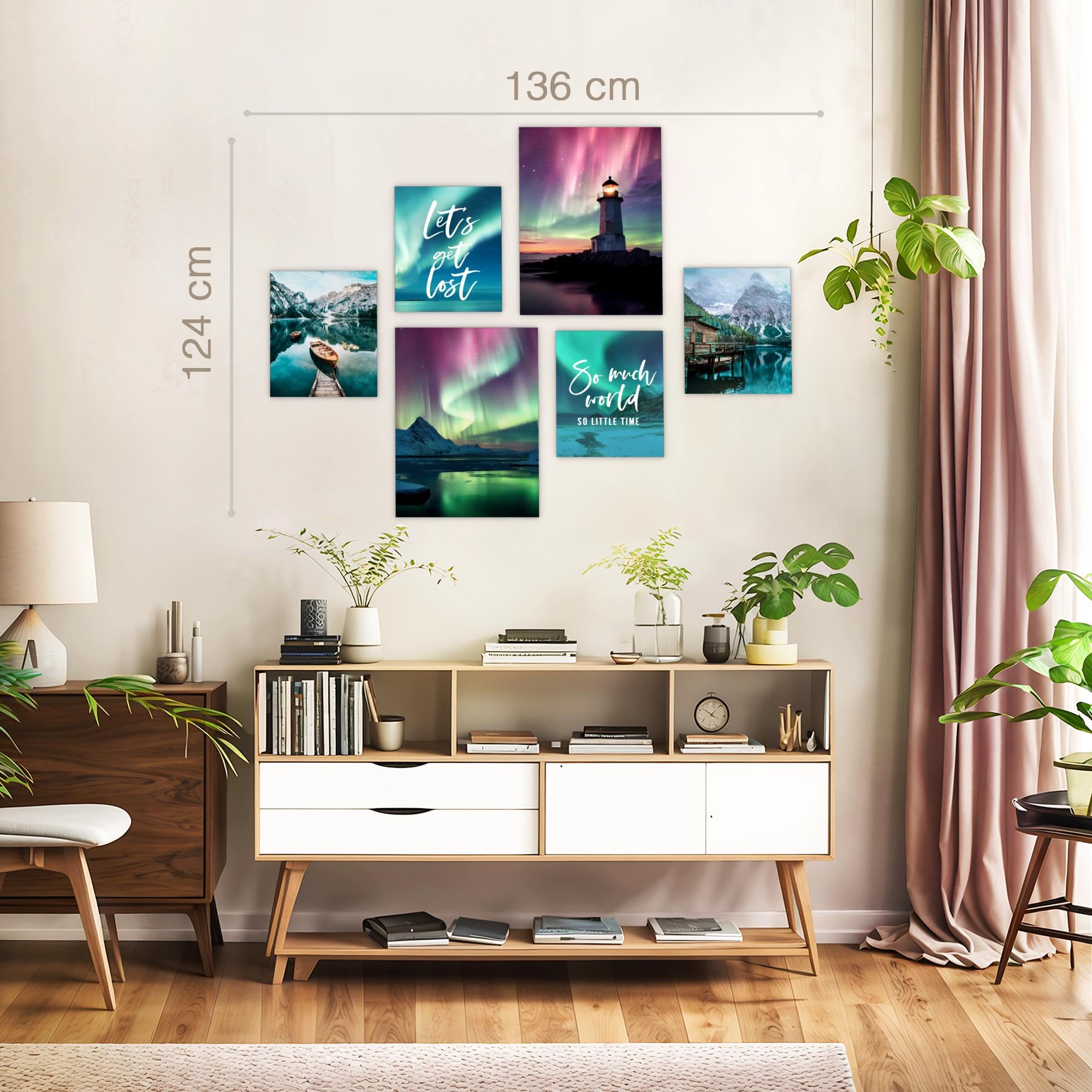 Novart Bilder Nordlicht Aurora Nachthimmel - KOMPLETT AUFHÄNGFERTIG - Blau Grün Wohnzimmer Schlafzimmer Flur - 6 Moderne Mood-Bilder - N028867a