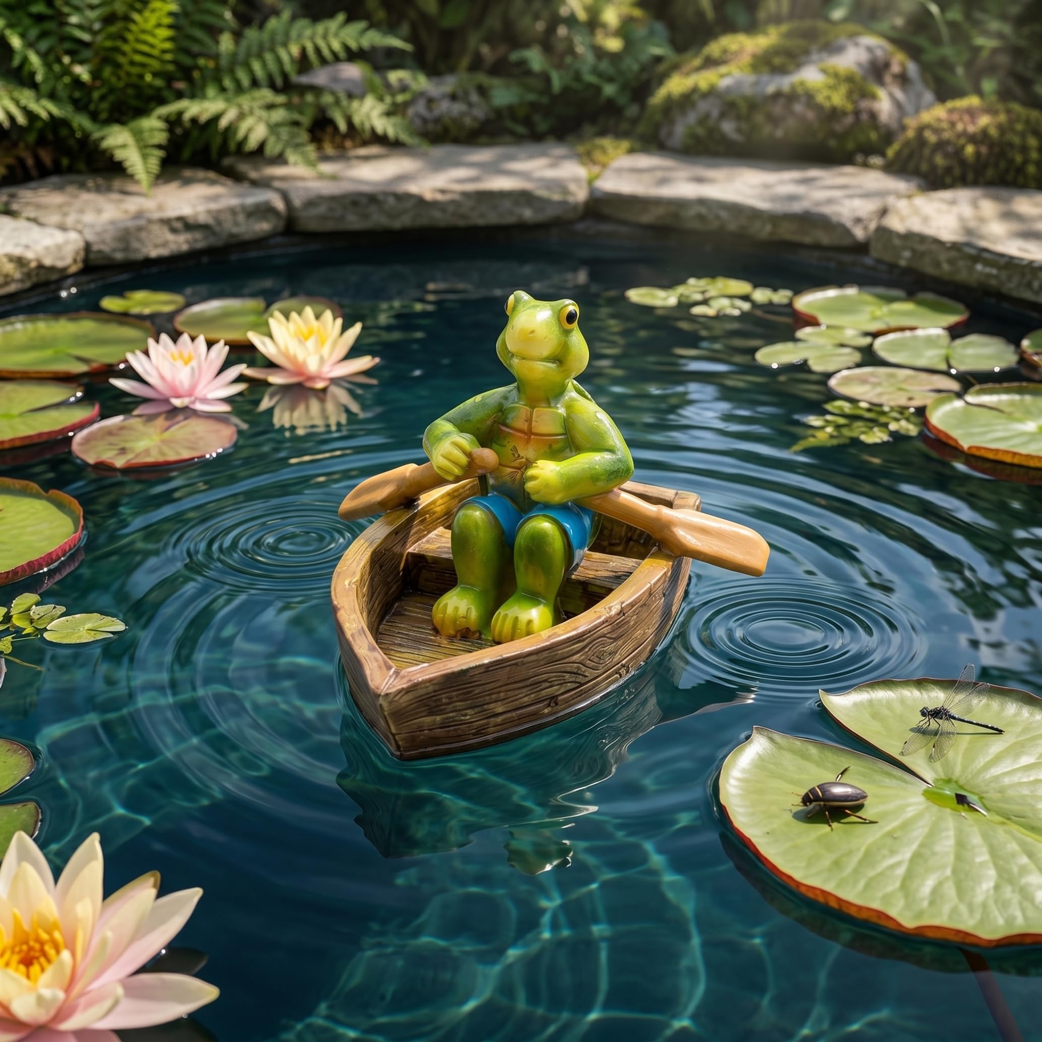 Latemeia Pond Ornaments Outdoor, Floating Rowing Turtle on Wooden Boat Garden Ornaments for Home Yard Pond Fish Tank, Outdoor