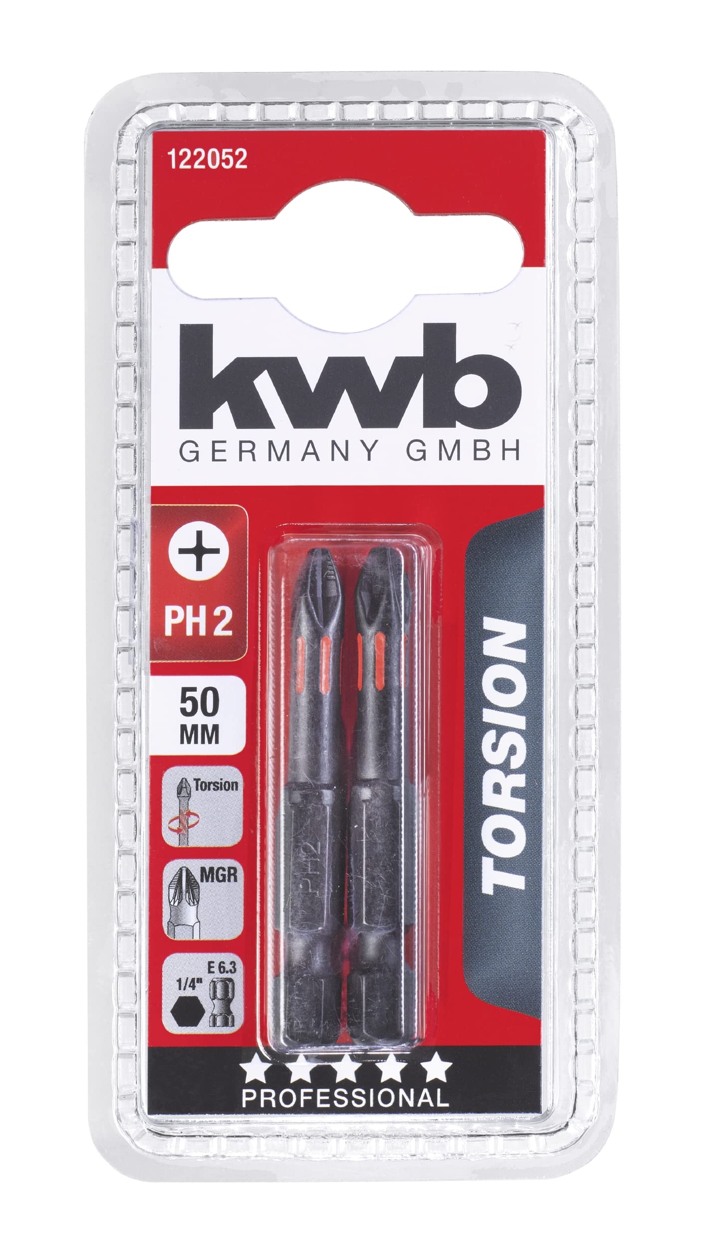kwb 2 x 50mm PH2 Torsion Bits with 1/4 Hex Shank, TQ 60 Steel, Mega-Grip Ribs, ISO 1173 Drive C6.3