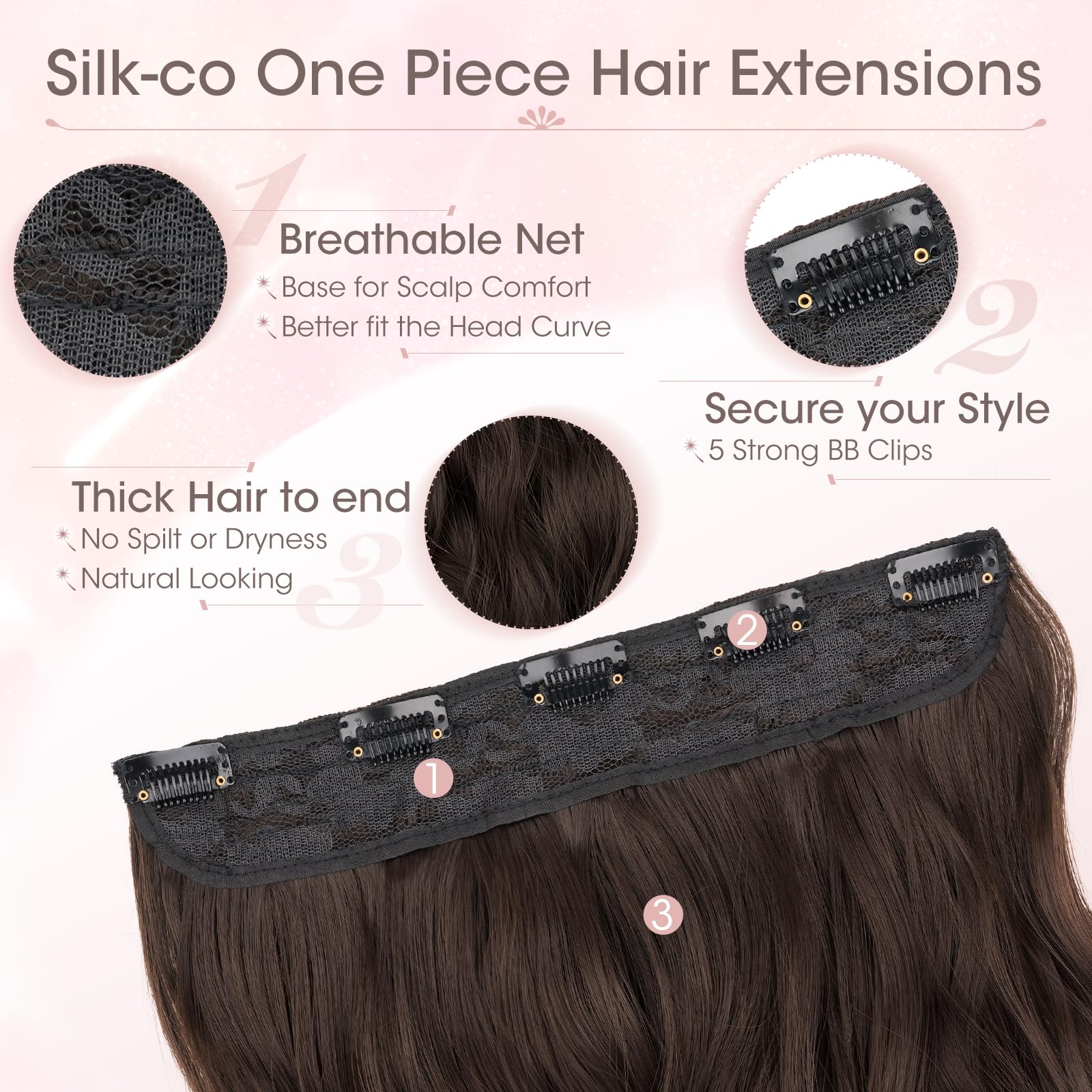 Silk-co One Piece Clip In Hair Extensions Curly 180g Hairpieces 5 Clips Wavy Curly Synthetic 3/4 Half Full Head for Laides and Women 24 Inch(60 cm) Chocolate Brown - Image 3
