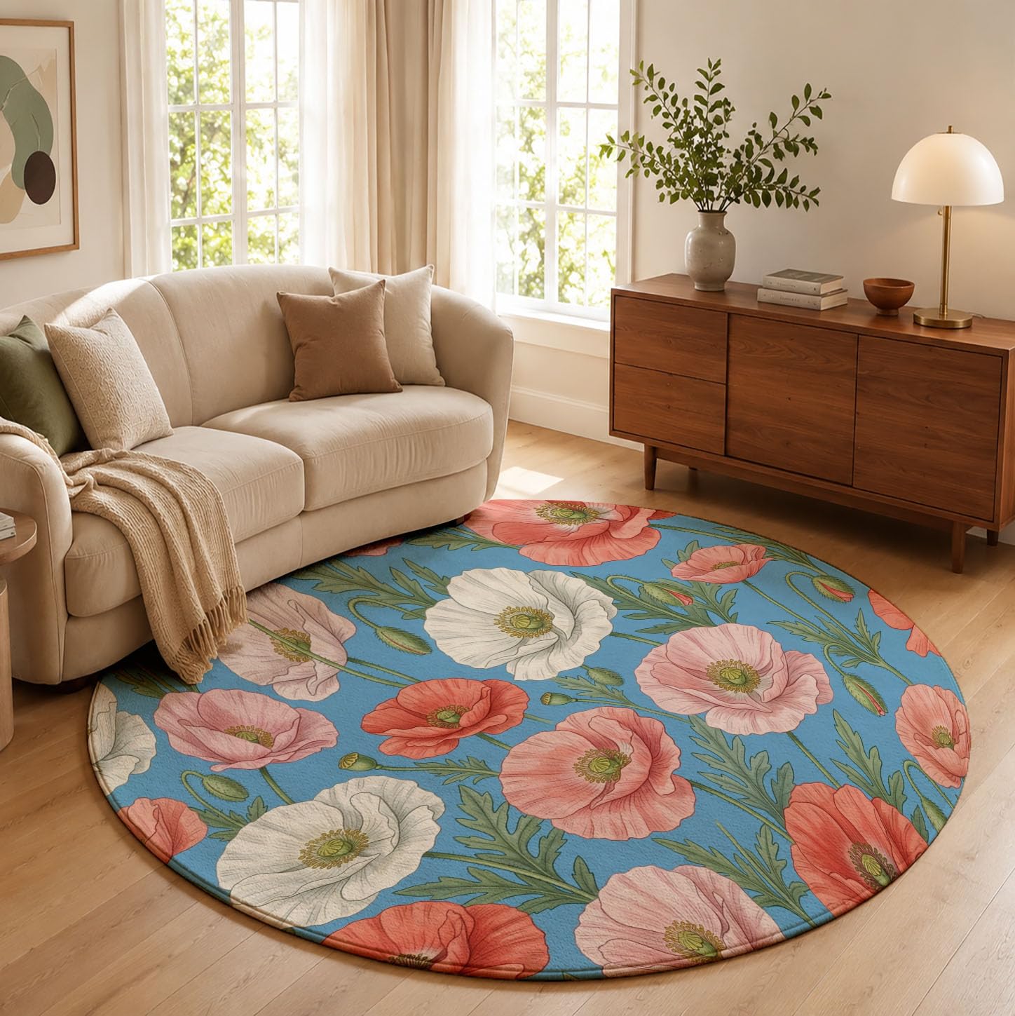 Tapis Rond Lavable Coquelicot Feuilles Vertes 100cm | Tapis Fleurs Fraîches Rétro Antidérapants Salon Lavable en Machine pour pour Salle à Manger, Entrée, Cuisine, Bleu
