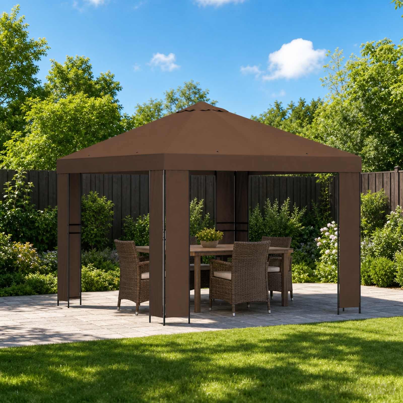 Pavillon 3 x 3 m Marron Polyester et Acier Résistant à l'eau Abri extérieur pour Jardin Terrasse Patio Balcon avec Structure Stable et Grand Couvercle