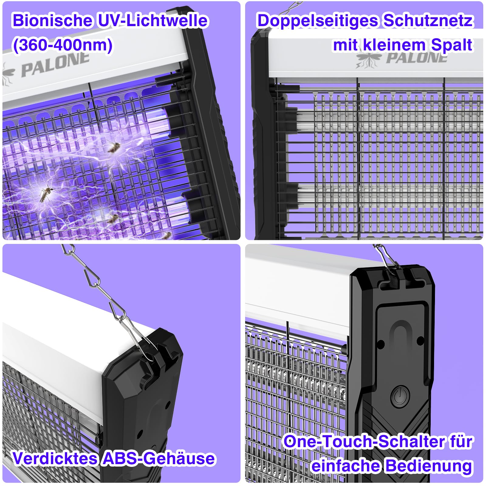 PALONE Insektenvernichter Elektrisch 4000V, 2 UV LED Mückenlampe USB C Elektrischer Mückenfalle Hängbar Insektenfalle Ungiftig Geruchsneutral für Innen
