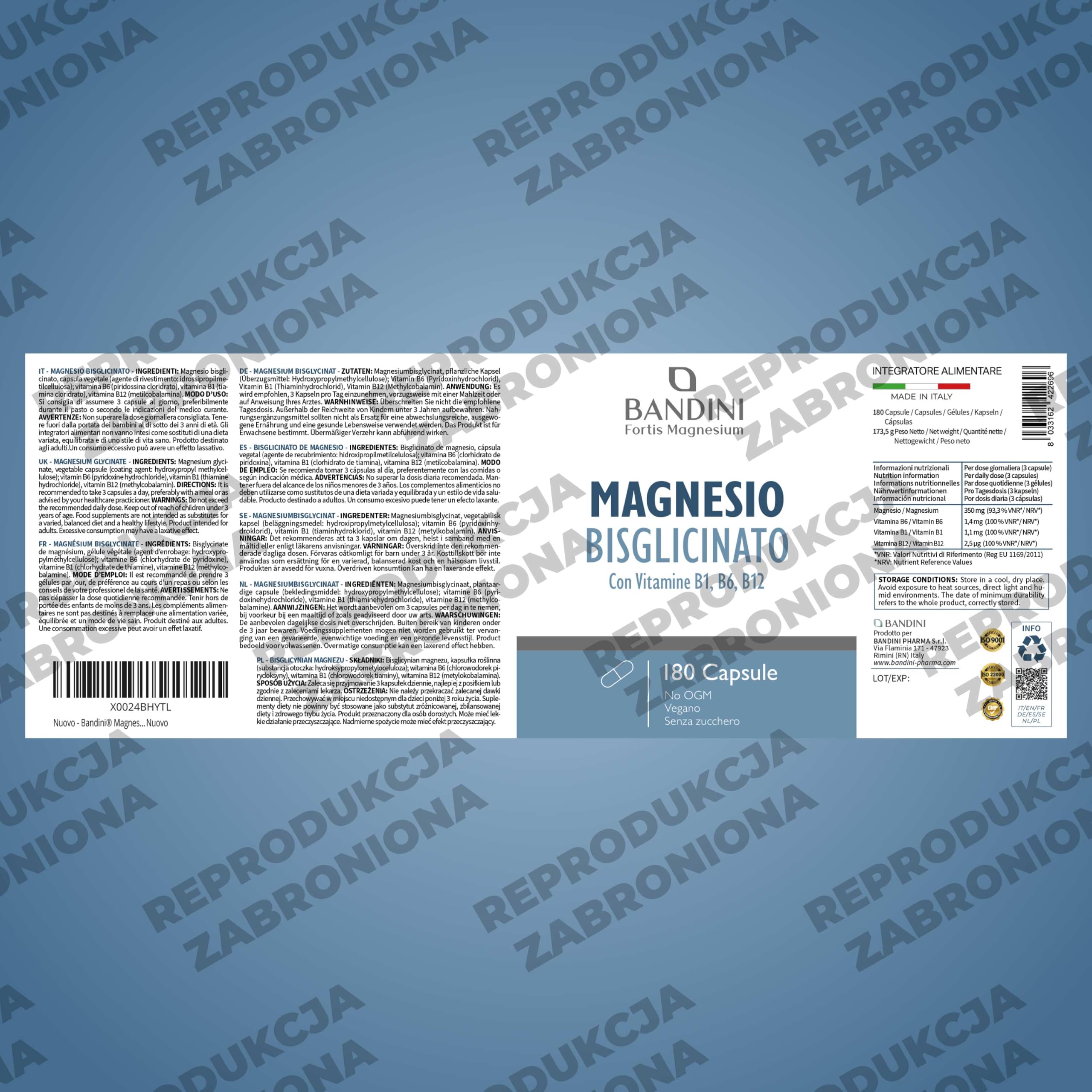 Bandini® Bisglicynian magnezu 350mg | 180 Kapsułek z witaminami B1, B6, B12 | 2-miesięczny zapas | Glicynian magnezu wysoka jakość i biodostępność | Suplement mięśniowy, układ nerwowy, stres, kości | Chelat na dawkę wzbogacony witaminą B1, B6, B12, przeci