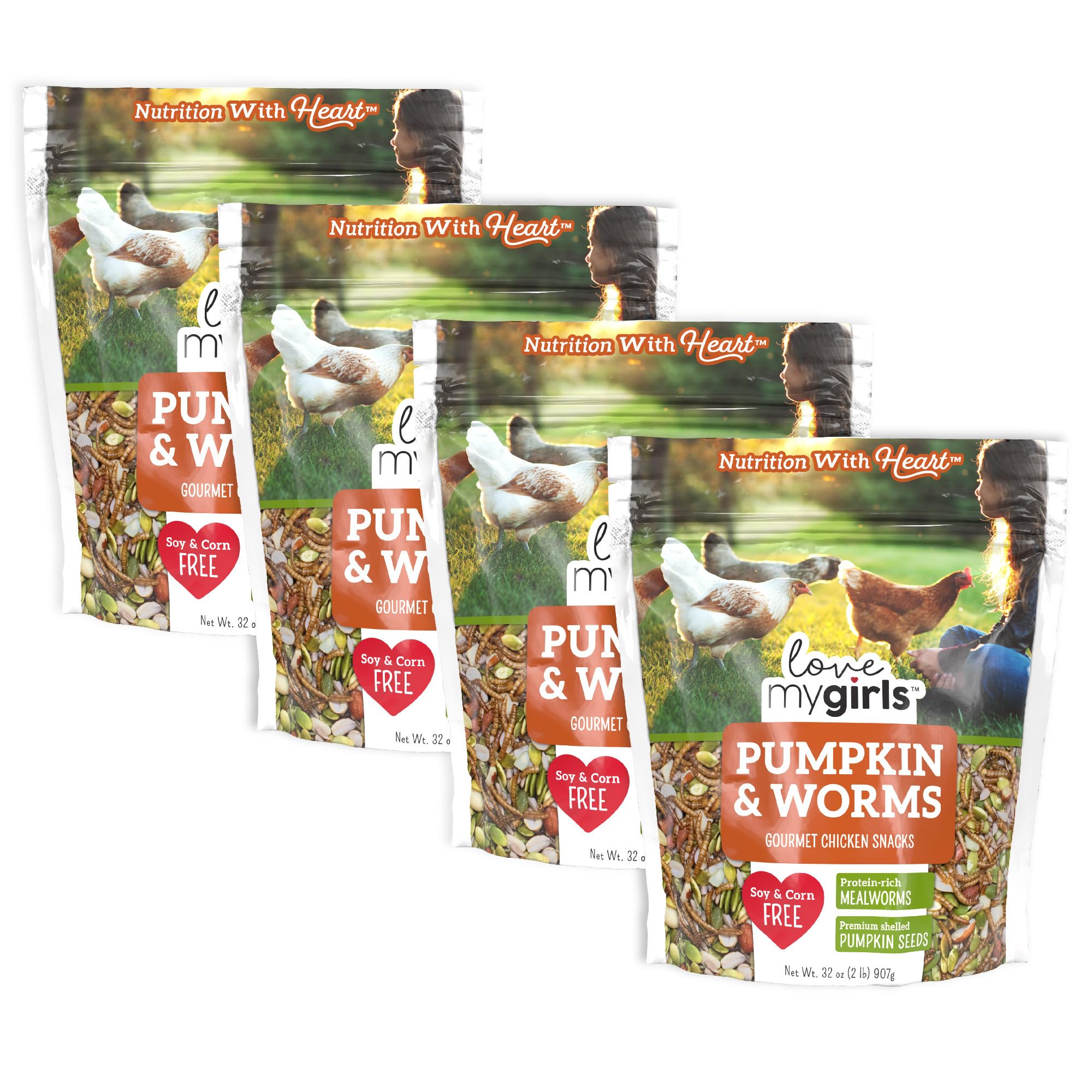 Love My GirlsPumpkin and Worms Chicken Treats, Corn-Free Treats for Chickens with Protein Rich Mealworms, (4) 2lb Bags