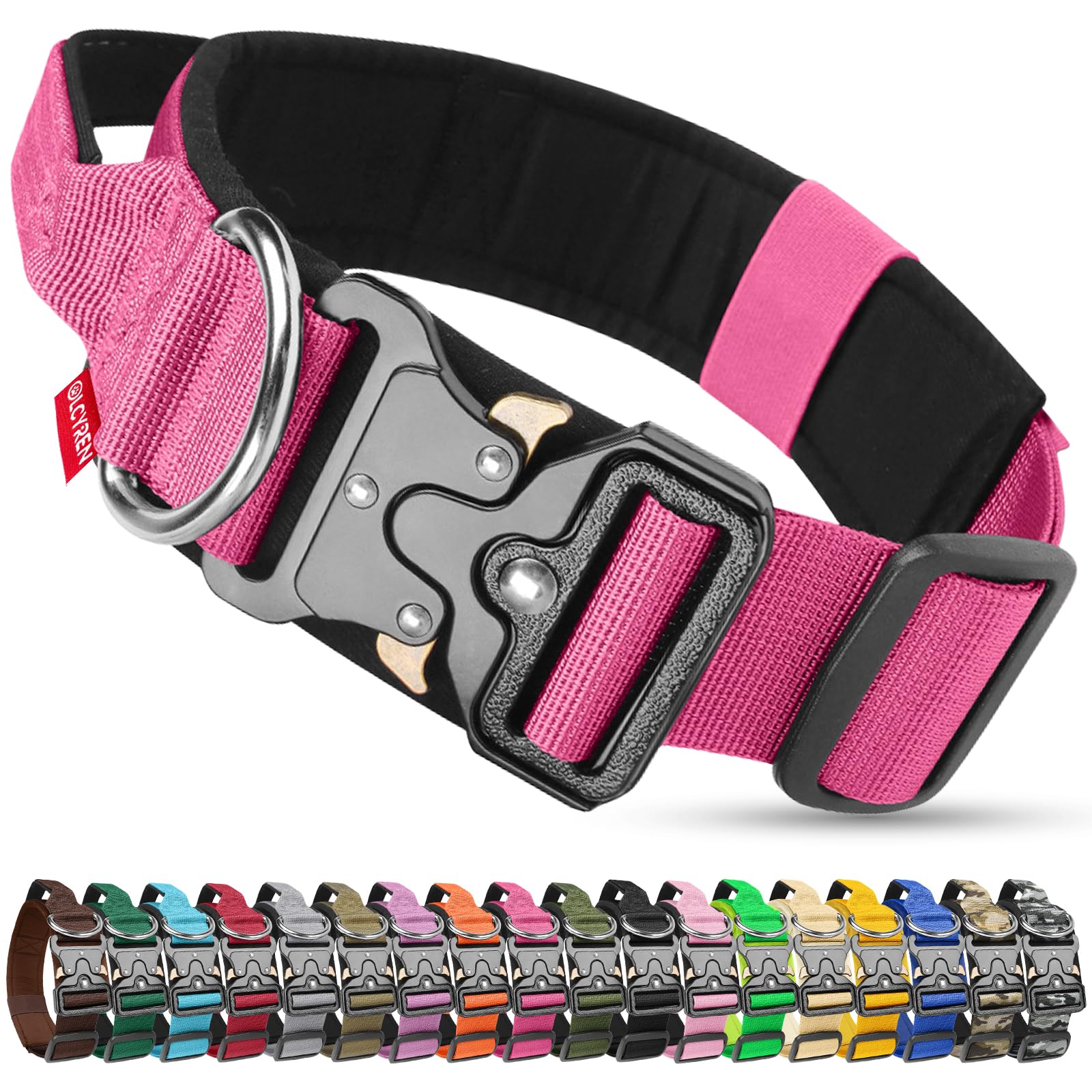 Olcyren Tactical Dog Collar, Military Nylon Adjustable Dog Collar with Handle, Soft Padded Comfortable Pet Collars with Heavy Duty Metal Buckle for Medium Large Dogs Training and Walking(Rose Red, XL)