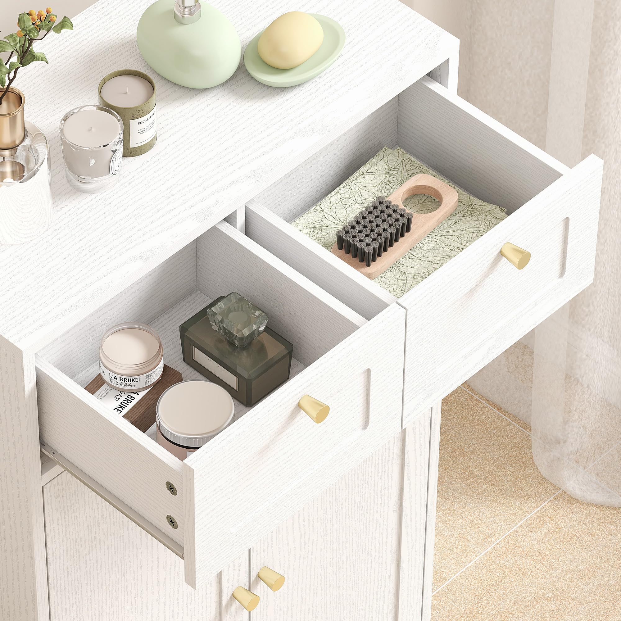 HOMCOM Armario de Baño Estrecho con 2 Cajones 60x30x108 cm Blanco Veteado | Mueble Auxiliar de Baño, Estante Abierto, Puerta con Panel Arqueado, Estilo Moderno, para Espacios Pequeños