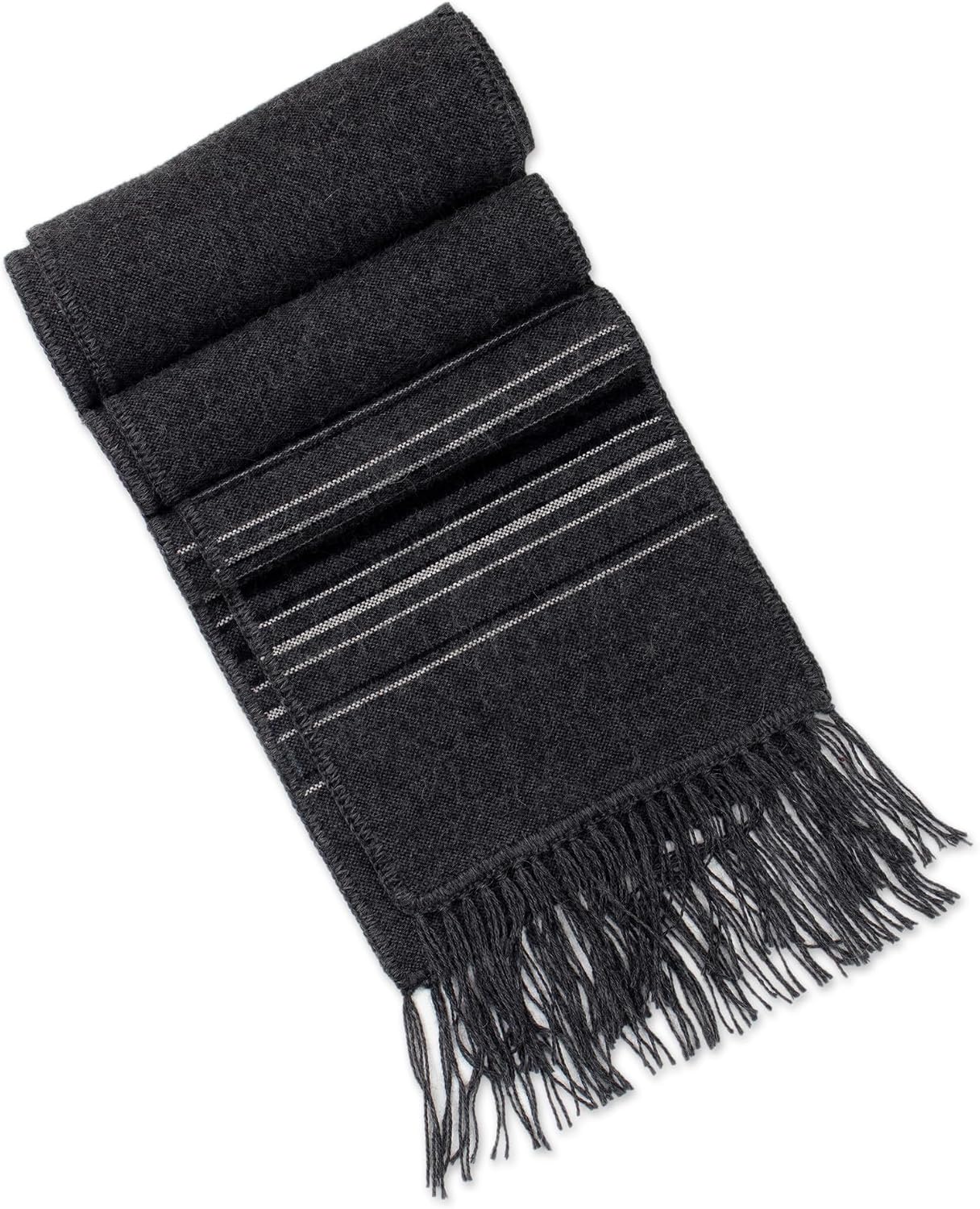 NOVICA Artisan Handmade Men's Alpaca Blend Scarf Fair Trade Woven Dark Gray for Wool Accessories Scarves Grey Stormy Weather Striped Peru Travel Friendly ' Andean Clouds in Charcoal'