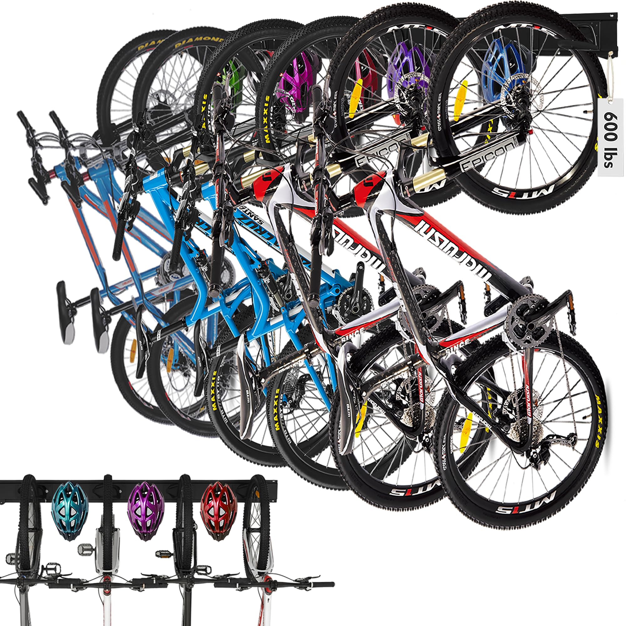 HORUSDY Stainless Steel Bike Storage Rack, 6 Bike Storage Hanger Wall Mount and 6 Helmets Hooks for Home & Garage Holds Up to 600lbs, Black
