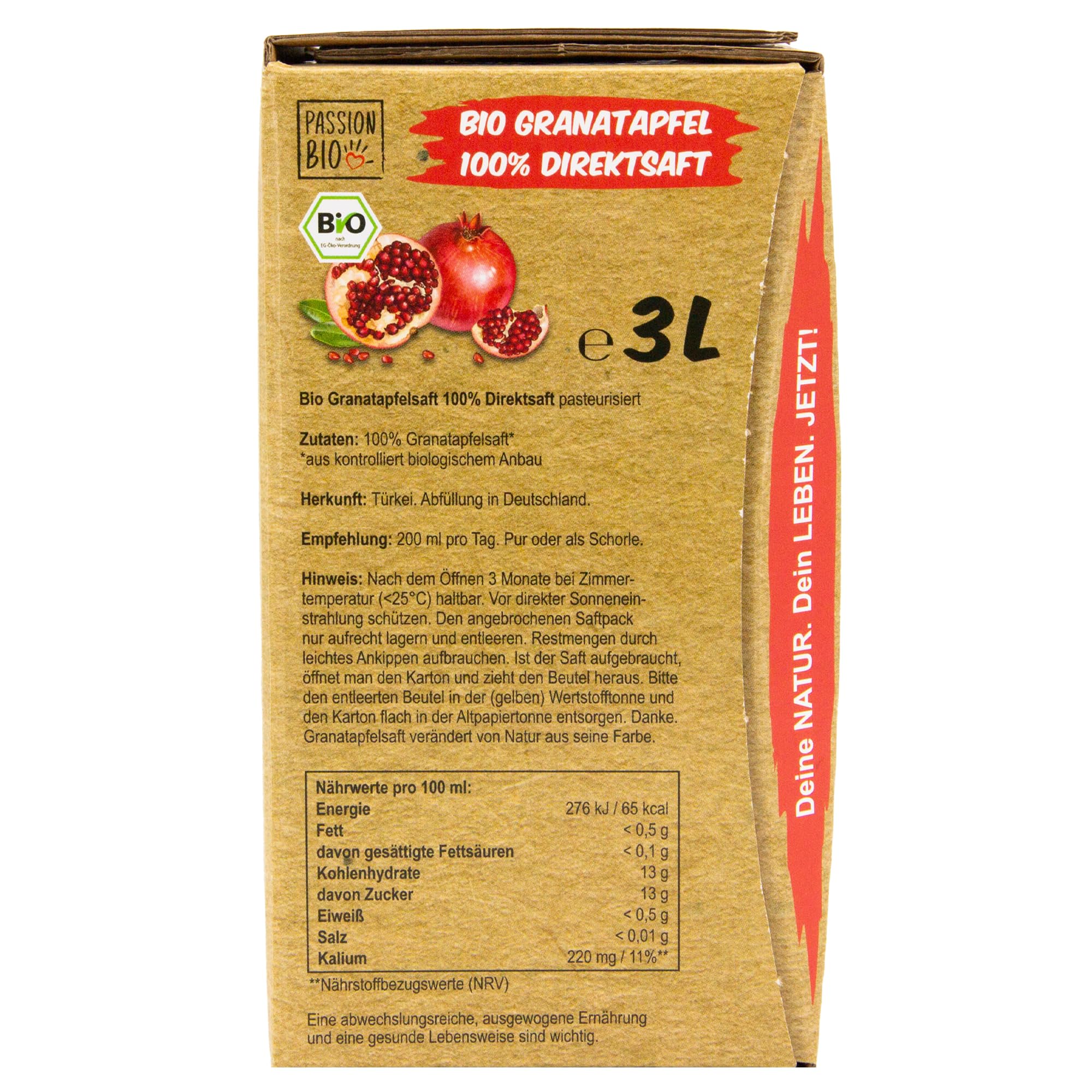 Bio Granatapfelsaft, 3 Liter, naturtrüb – 100% Bio Granatapfel Direktsaft aus 40 Granatäpfeln – fruchtig, erfrischender Geschmack – kein zugesetzter Zucker (lt. Gesetz) enthält von Natur aus Zucker