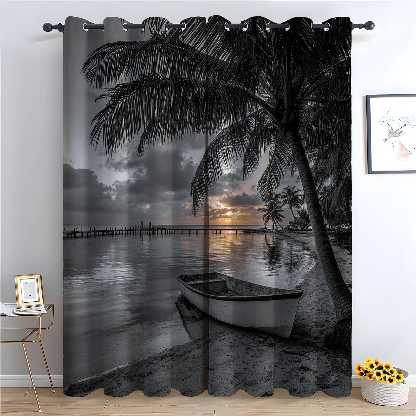 WQBQKKX Green Plant Curtains Ink Painting Textured Farmhouse Curtains Leaf Printed Eyelet Rustic Drapes Window Treatment-52 W x 72" L (Pack of 2)