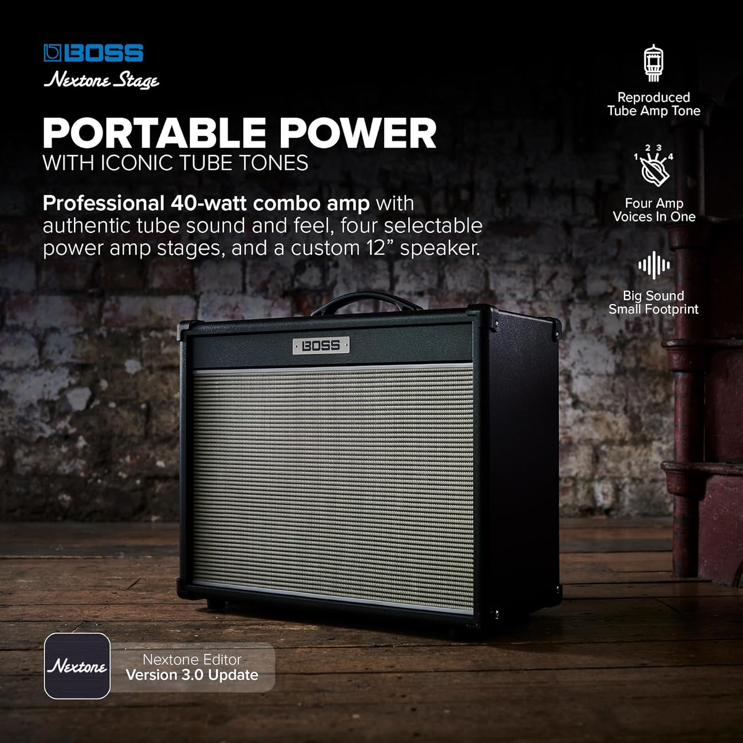 BOSS Nextone Stage | Portable Guitar Amplifier | Tube Logic Design | Authentic Tube Sound & Feel | Four Power Amp Circuits | 40W Power & Custom 12” Speaker | Clean & Lead Channels | Built-in Effects