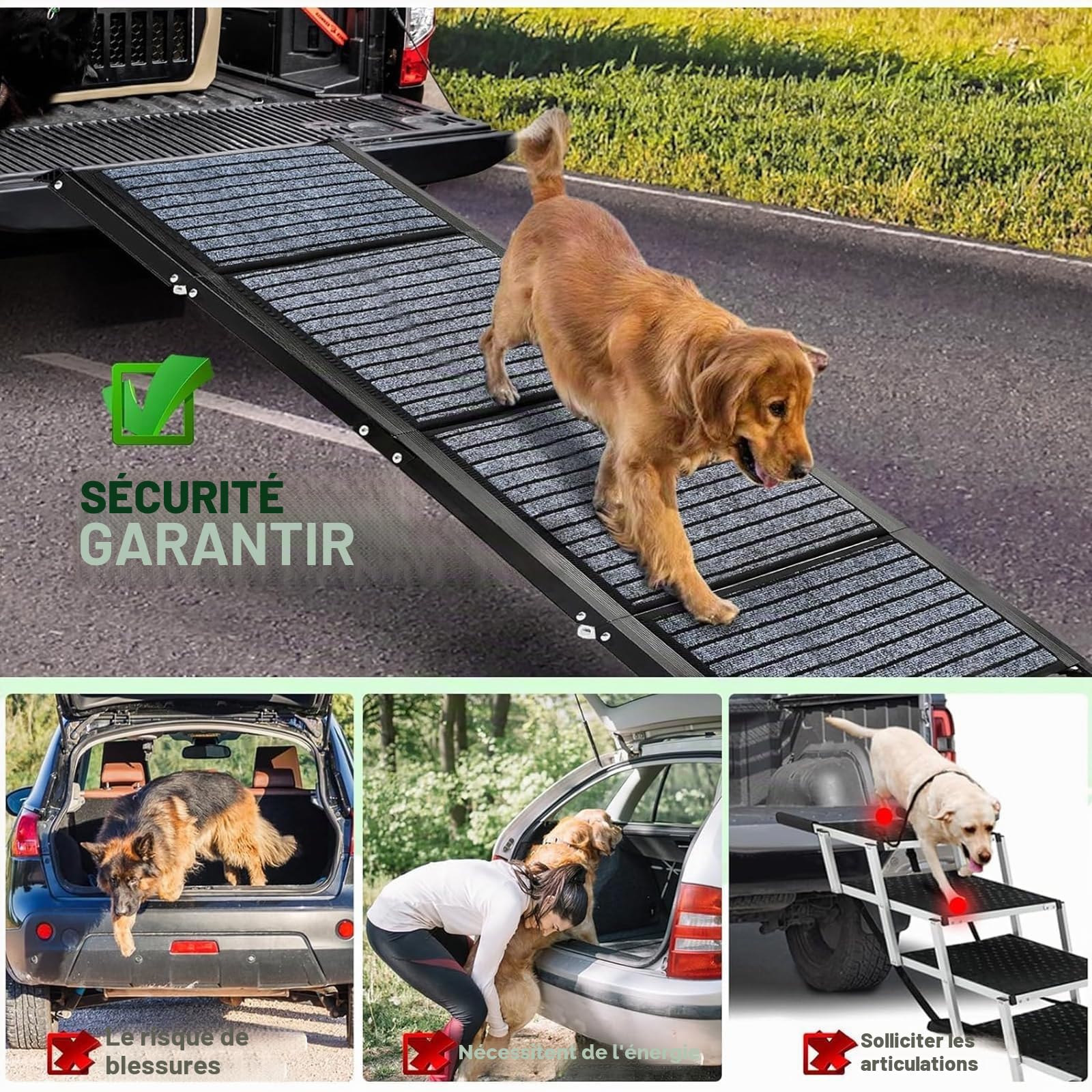 Rampe pour chien de 180 cm de long et 50 cm de large, pliable, avec tapis antidérapant, pliable pour l'extérieur, escalier, voiture, pour chiens de taille moyenne et grande dans un SUV et un camion
