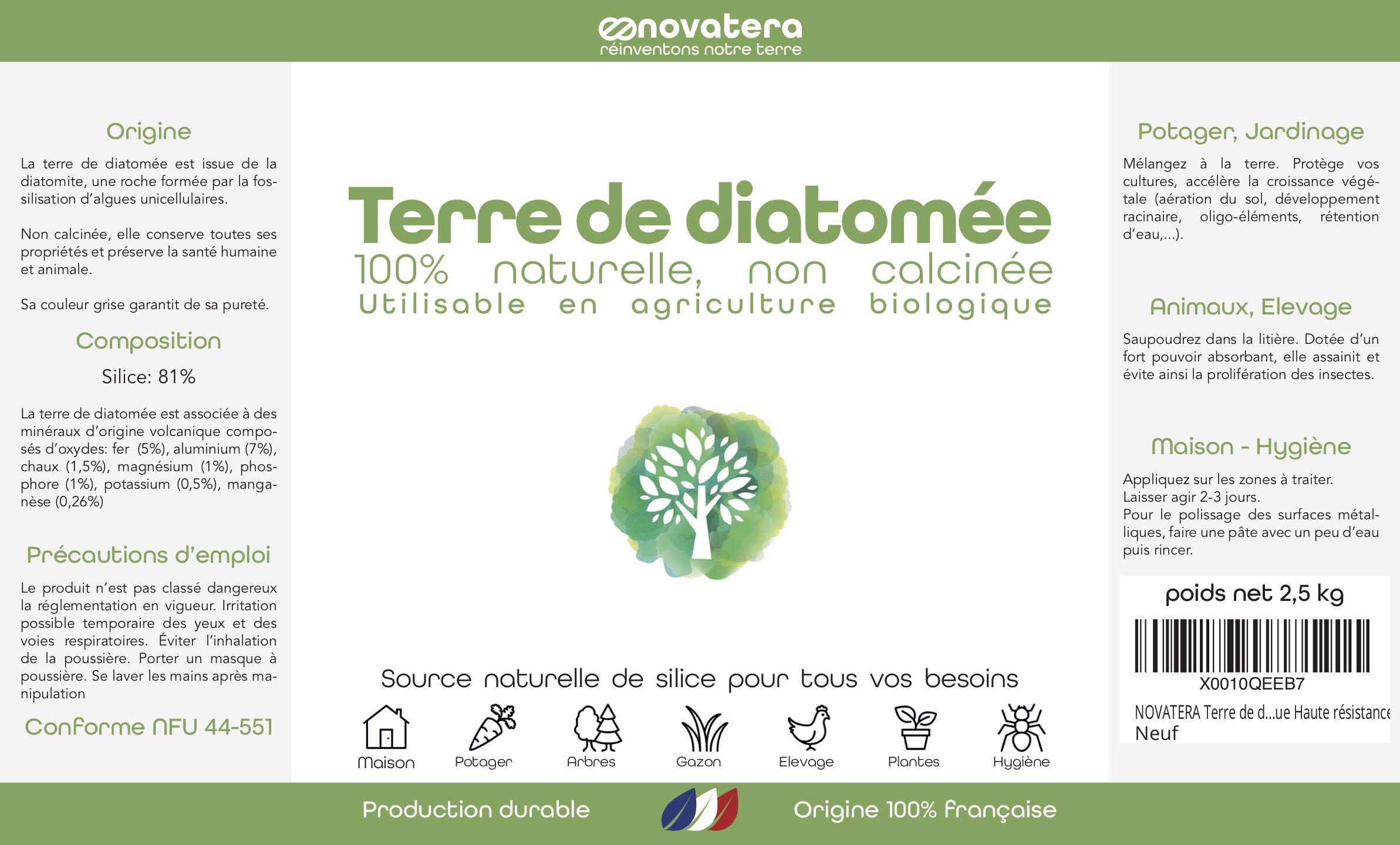 NOVATERA - Terre de Diatomée 100% Naturelle & Française - Ultrapure, Non Calcinée, Ecocert - Entretien, Jardin, Animaux, Élevage, Agriculture Biologique - Sac, 25kg
