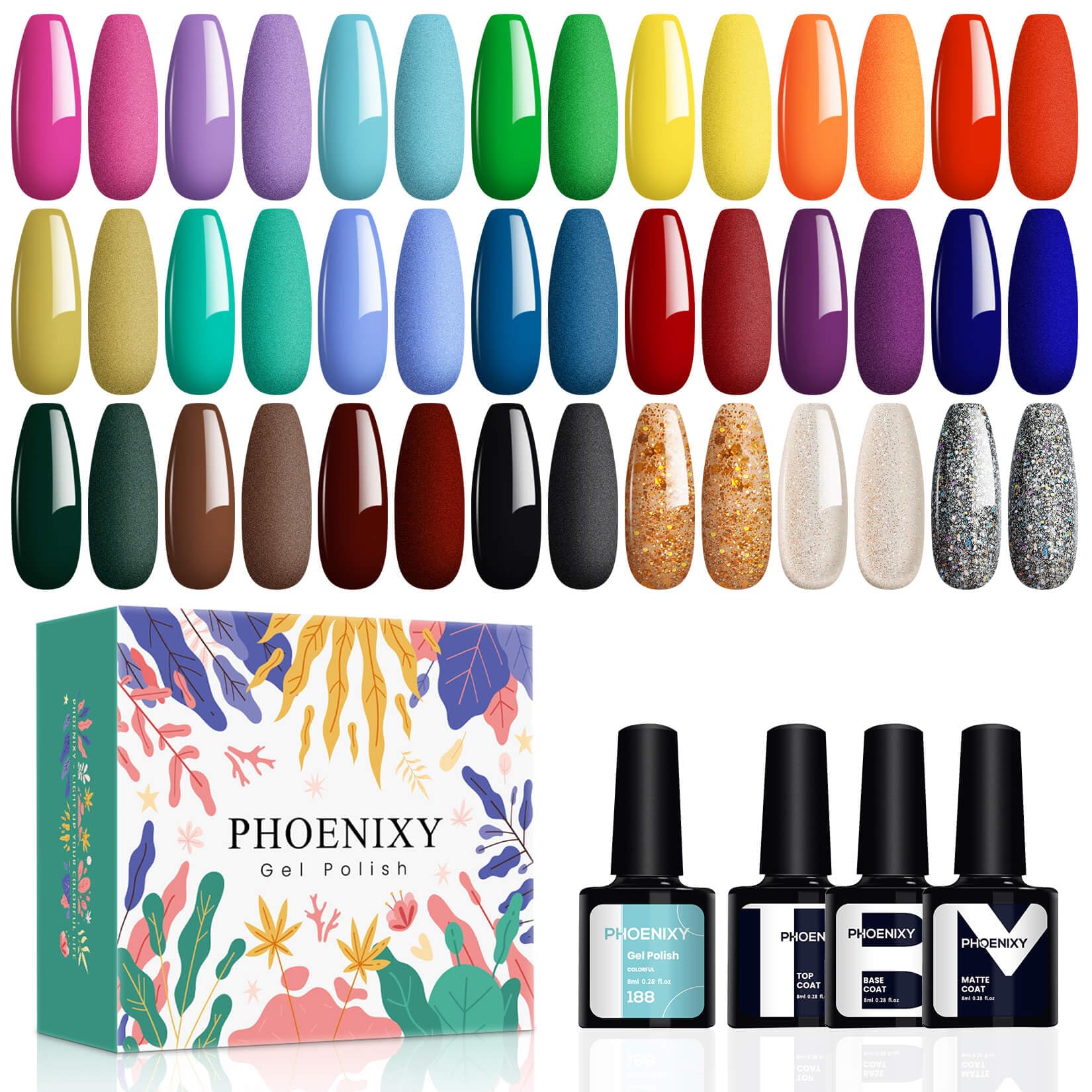 Phoenixy 21 Colores Pintauñas Semipermanentes con Base Top Coat Brillante y Mate 24PCS Esmalte Semipermanente para Uñas con Amarillo Verde Azul Kit de Esmaltes Uñas Semipermanentes