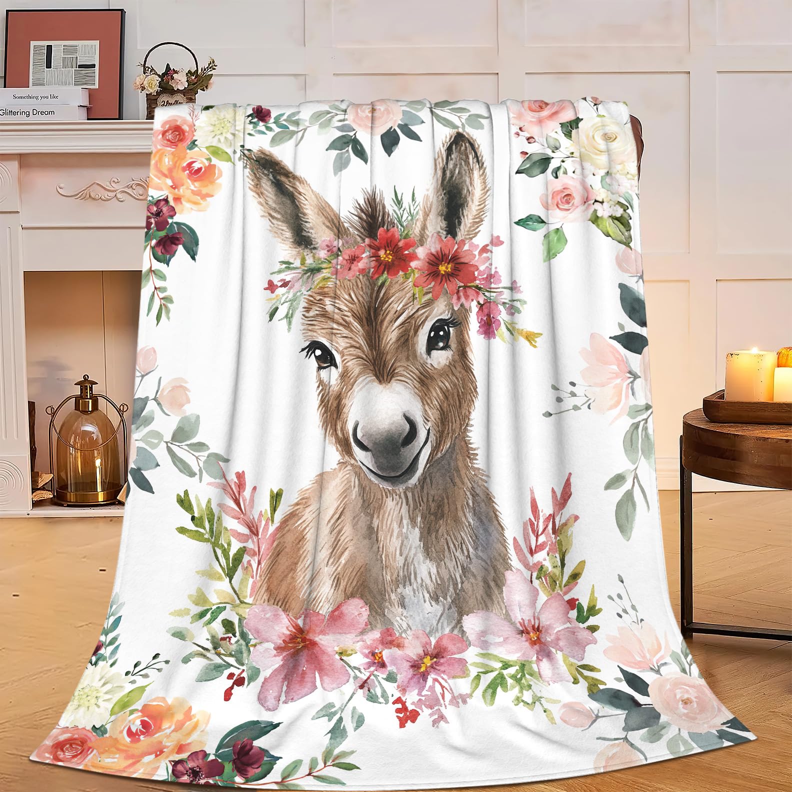 Donkey Blanket Donkey Gifts Warm Soft Cozy Flower Cute Donkey Throw Blanket Soft Lightweight Fleece Plush Fuzzy Blanket Donkey Stuff for Girls Women Kids Aults Bed Decor 40"X50"