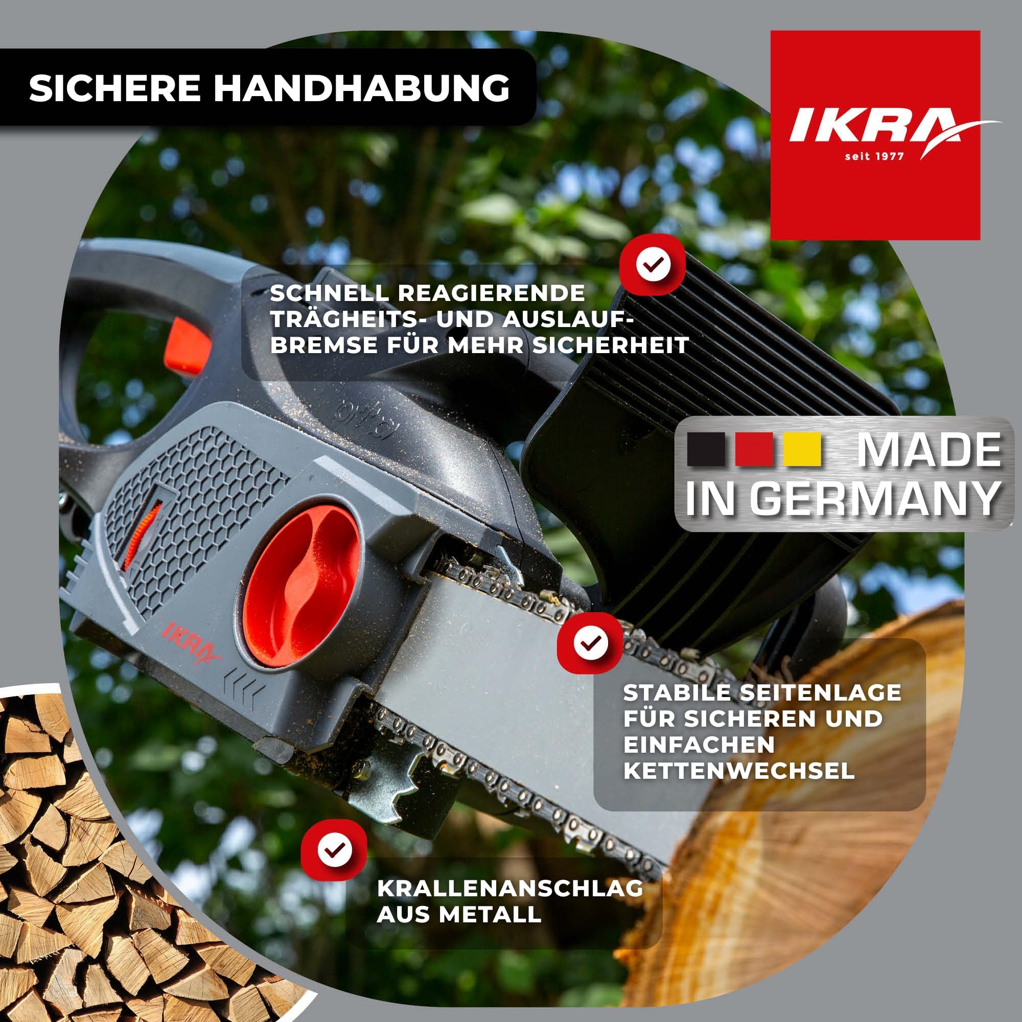 IKRA Elektro Kettensäge KSE 2400-40, Made in Germany, inkl. Ersatzkette | Schnittlänge 40cm, vibrationsarme Sägekette, werkzeuglose Kettenmontage & -spannung, 2400 W, metallverstärktes Profigetriebe