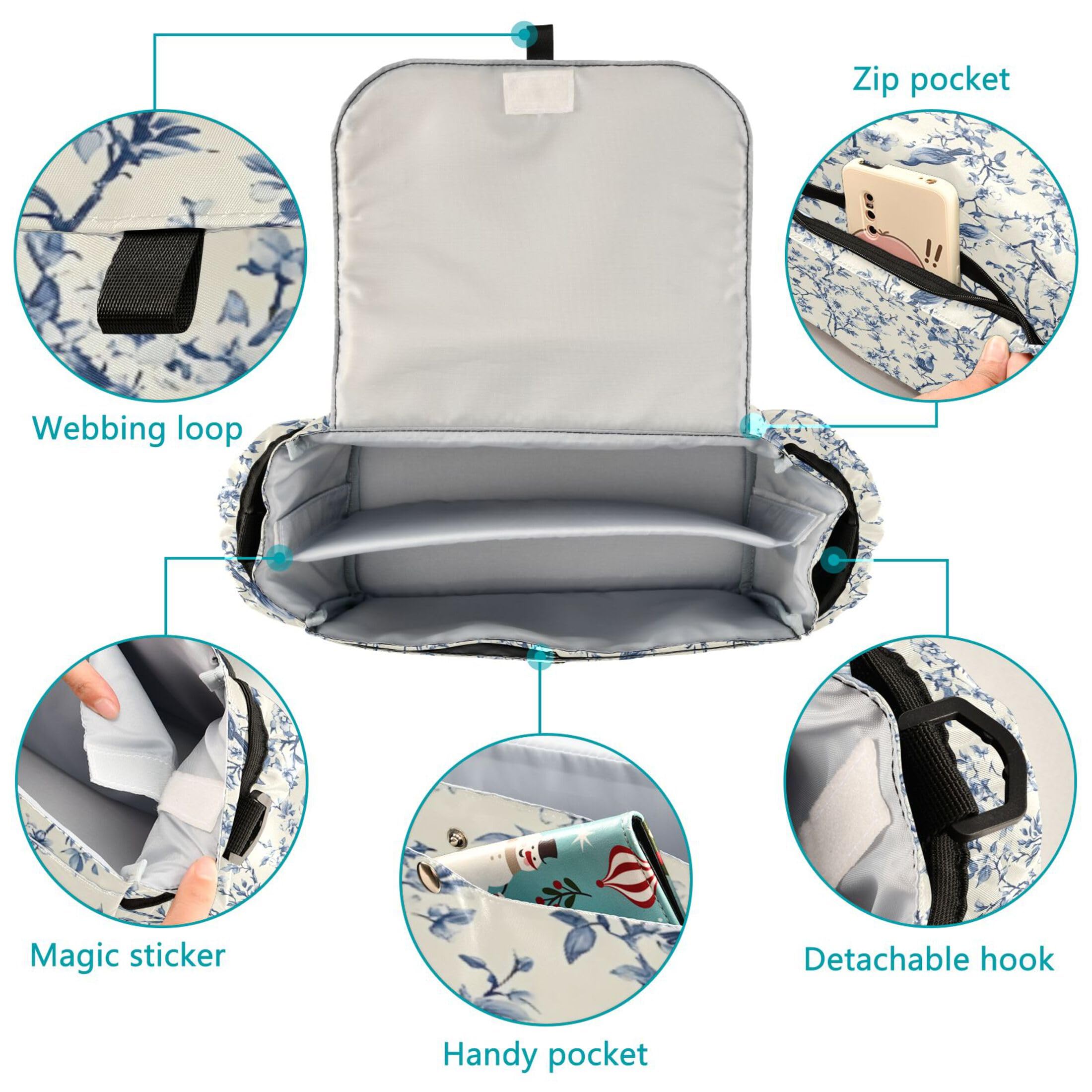 Burbuja Vintage Indigo Twig Bird Stroller Organizer with Insulated Cup Holders, Non-Slip Stroller Caddy Universal Fits Most Strollers, Nursery Accessories