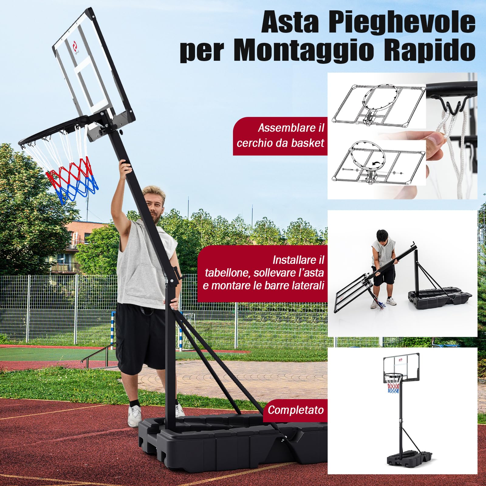 COSTWAY Canestro da Basket da Esterno ed Interno, Canestro da Basket Professionale e Pieghevole con Altezza Regolabile 230-305 cm, Tabellone in PC Infrangibile e Base Mobile con Ruote e Riempibile