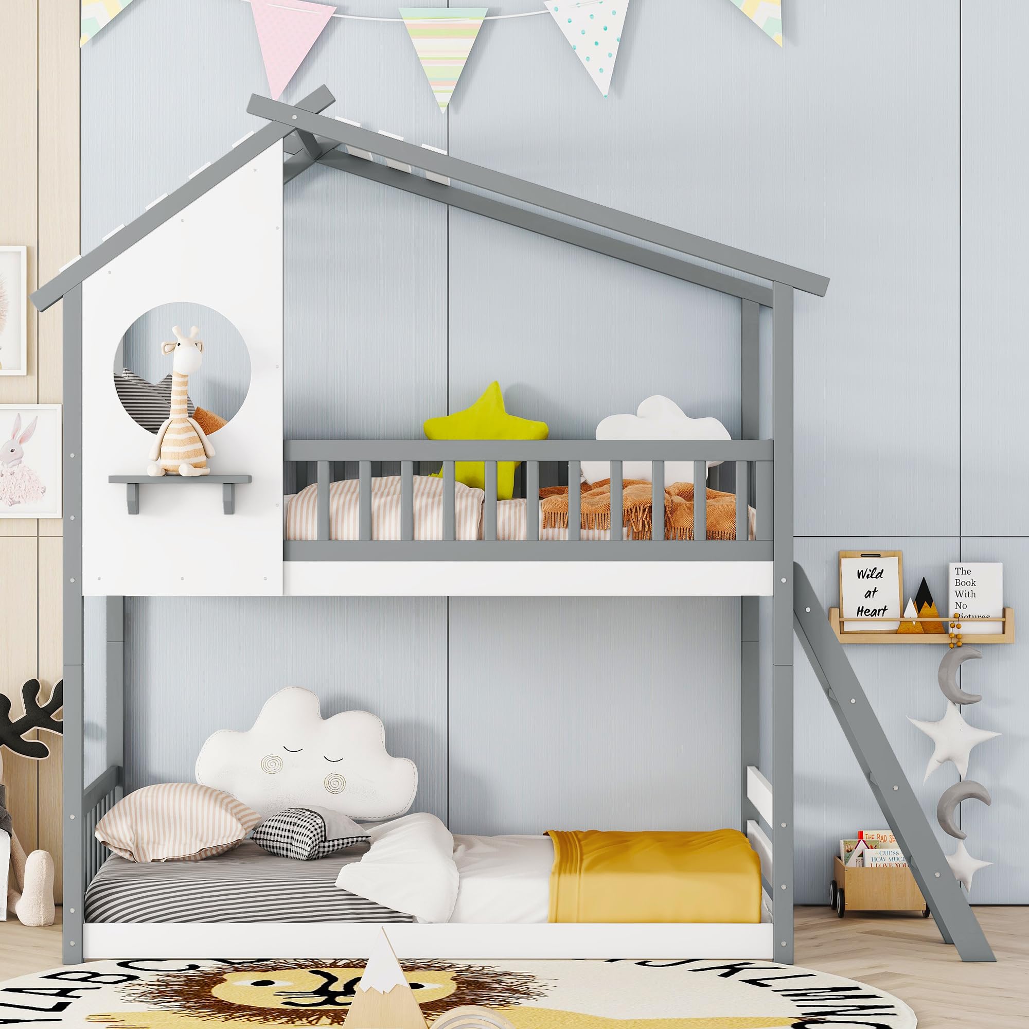 SOFTSEA Twin Over Twin House Bunk Bed for Kids, Floor Bunk Bed with Roof and Window, Wood Bunk Bed with Ladder and Guardrails, Twin Size House Shaped Bunk Bed for Kids, No Box Spring Needed, Gray