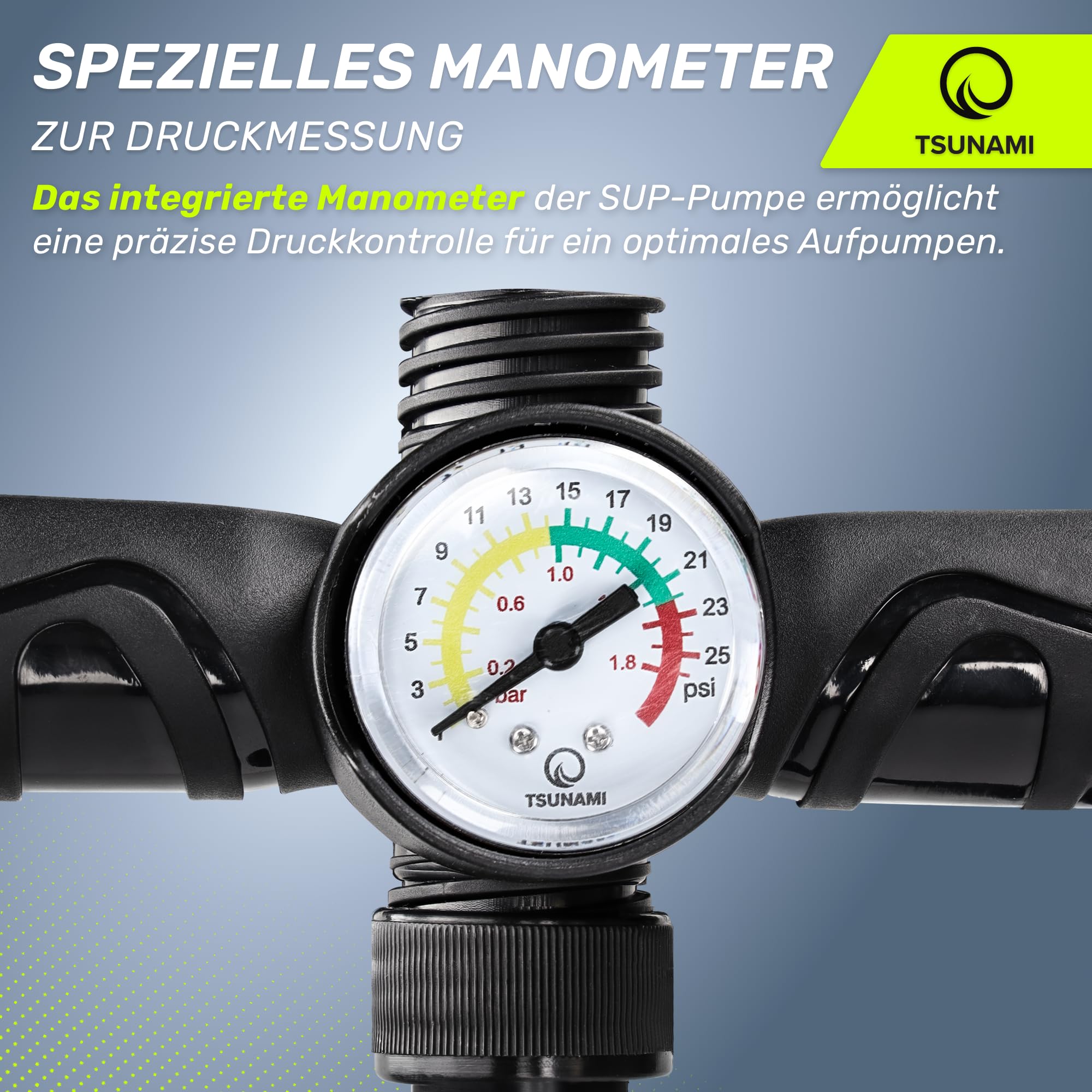 Tsunami SUP-Handpumpe, max. 2 bar (29 PSI), High Big Volume, Doppelt wirkende, Luftpumpe, Hochdruck-Superpumpe für Kajak, Dingy Boote, Paddelboard, Schlauchboot SUP und Stand Up Paddle Board