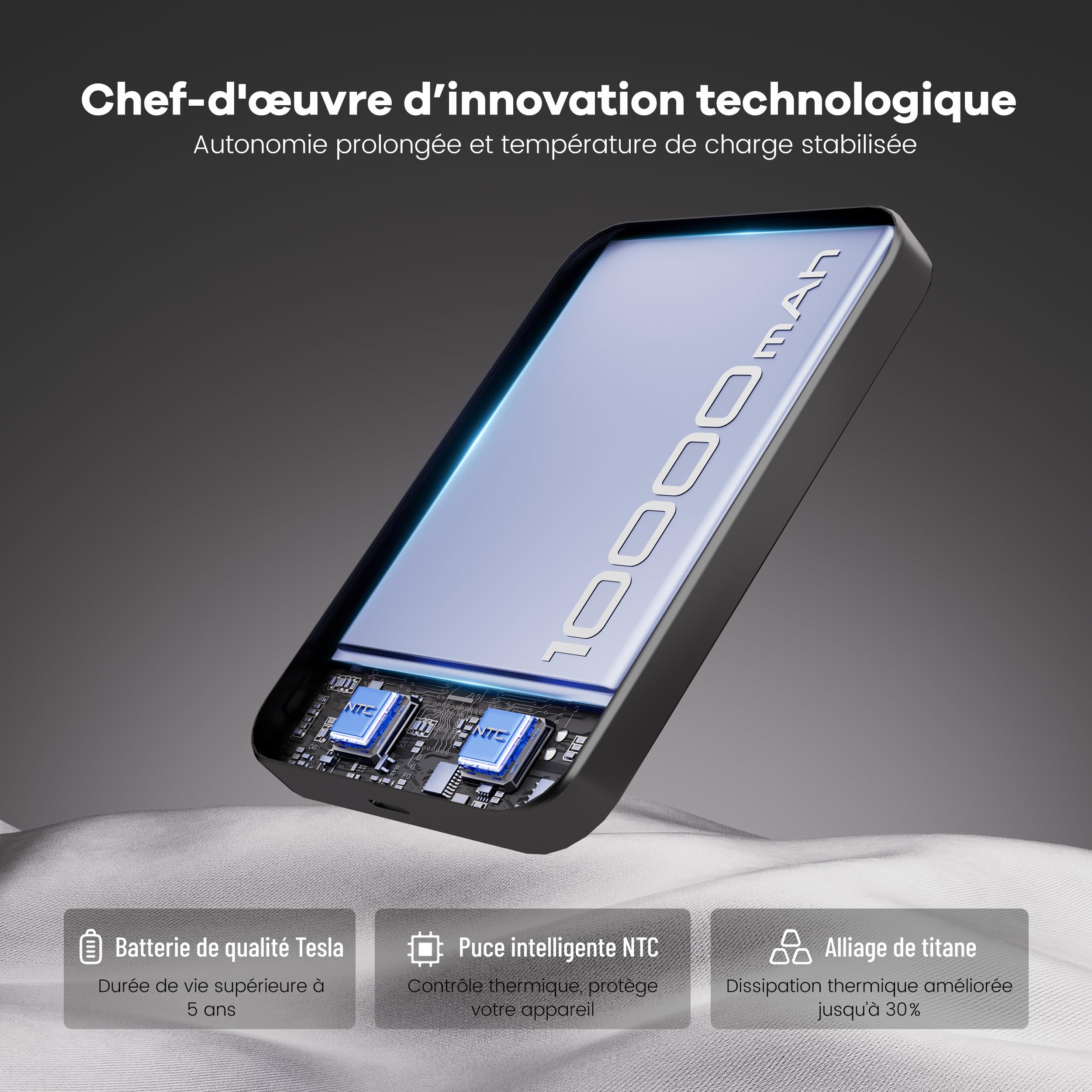 kstime PD20W Chargeur Portable sans Fil magnétique 10 000 mAh 14 mm Design Titane Ultra Fin avec entrée et Sortie USB-C Compatible avec iPhone 17/16/15/14/13/12 Series (Argent) - 5