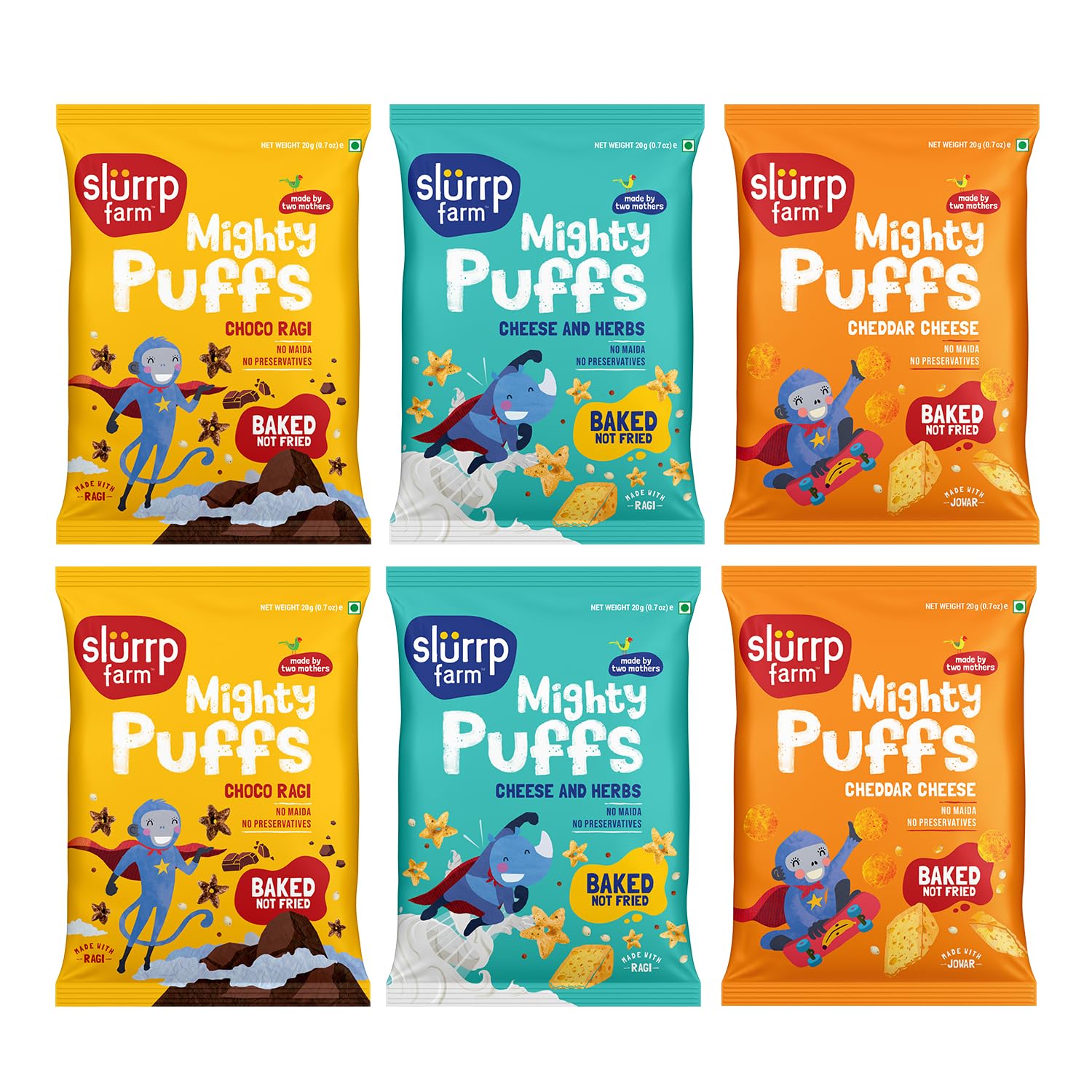 Slurrp Farm Mighty Jowar Puffs | Khatta Meetha, Mild Masala, Cheddar Cheese, Tangy Tomato, Choco Ragi, Cheese & Herbs | Not Fried, No Maida | Healthy Snack for Kids, School Tiffin and Travel Friendly | 6 x 20g