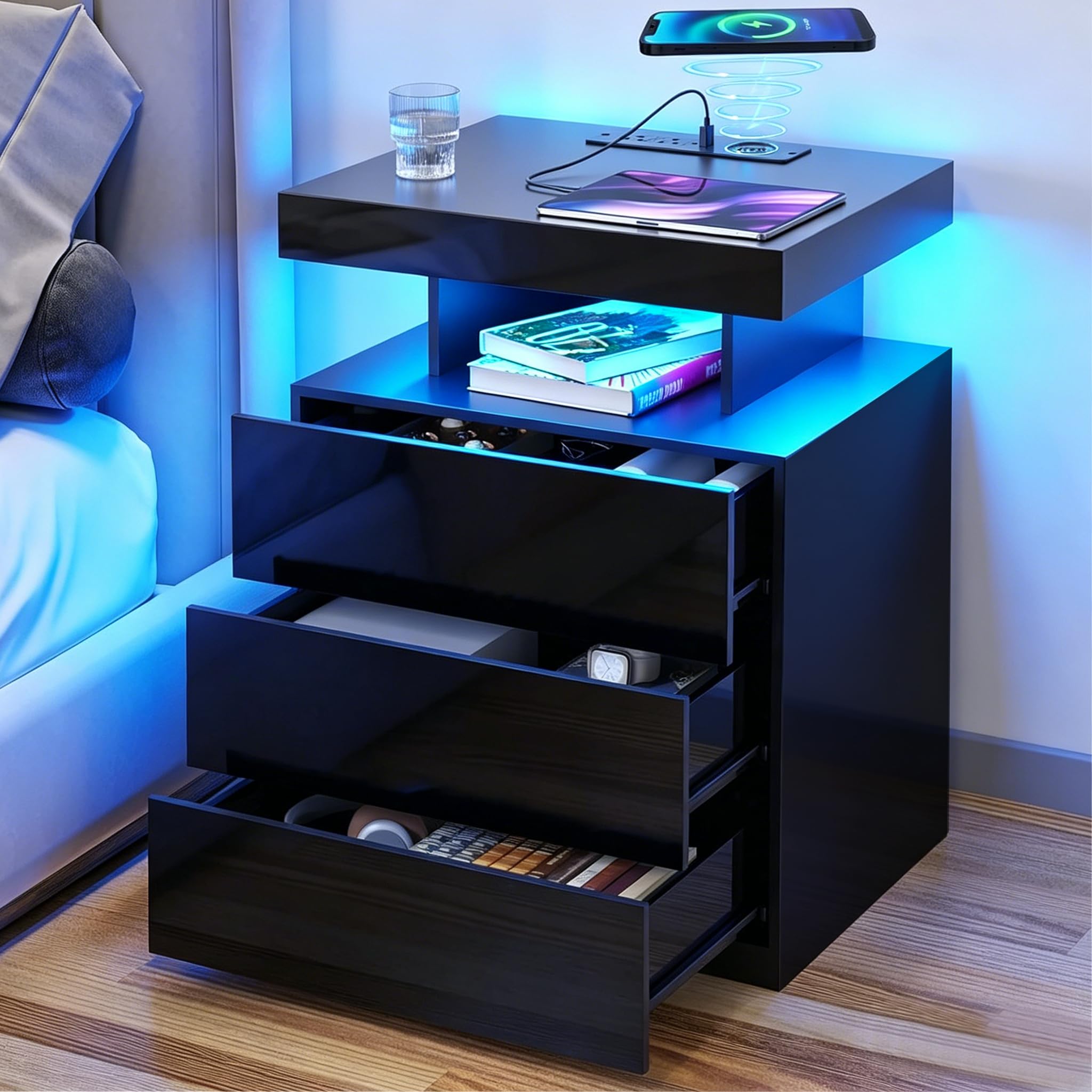 HOMMPA LED Nightstand with Wireless Charging Station