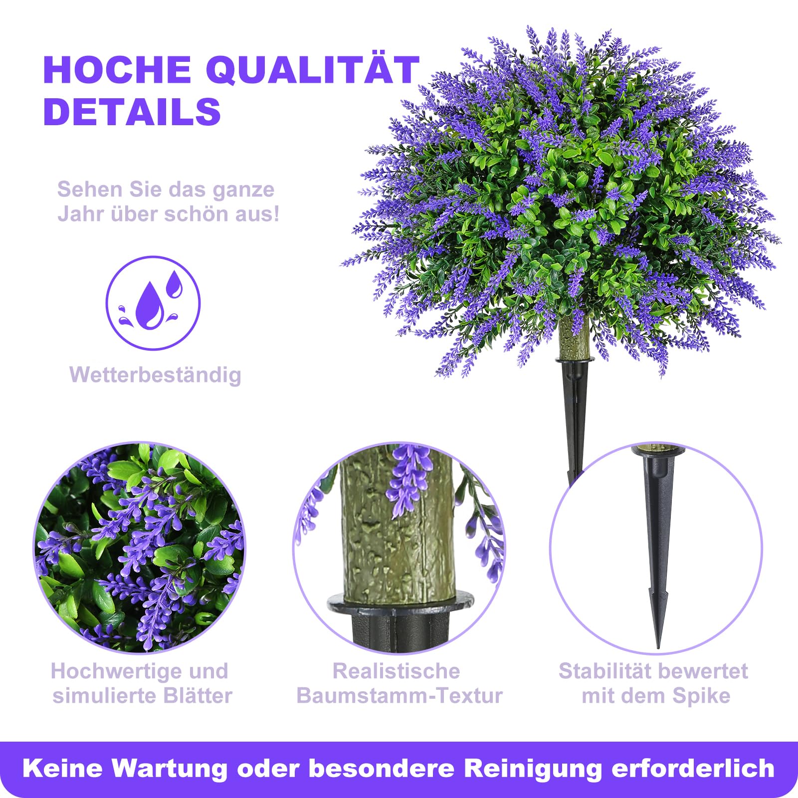 Künstlicher Lavendel 60 cm künstliche Pflanzen UV-Schutz für Innen- und Außenbereiche, Büro, Wohnzimmer, Schlafzimmer und Garten Moderne Dekoration, 2 Stück