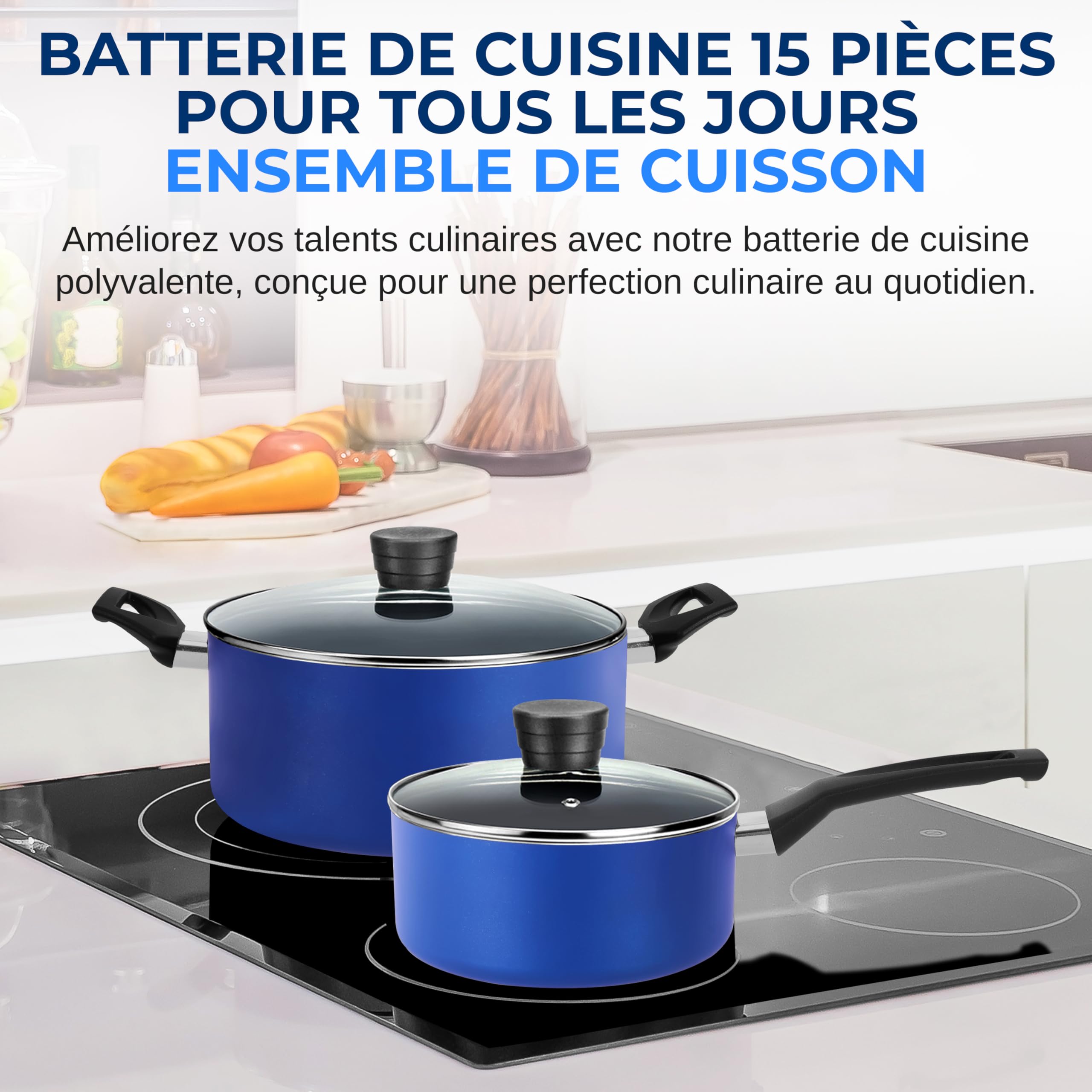 SereneLife Batterie de Cuisine 15 Pièces Bleue – Casseroles et Poêles Antiadhésives avec Couvercles, Résistantes à la Chaleur, Lave-Vaisselle Inclus, Bleu