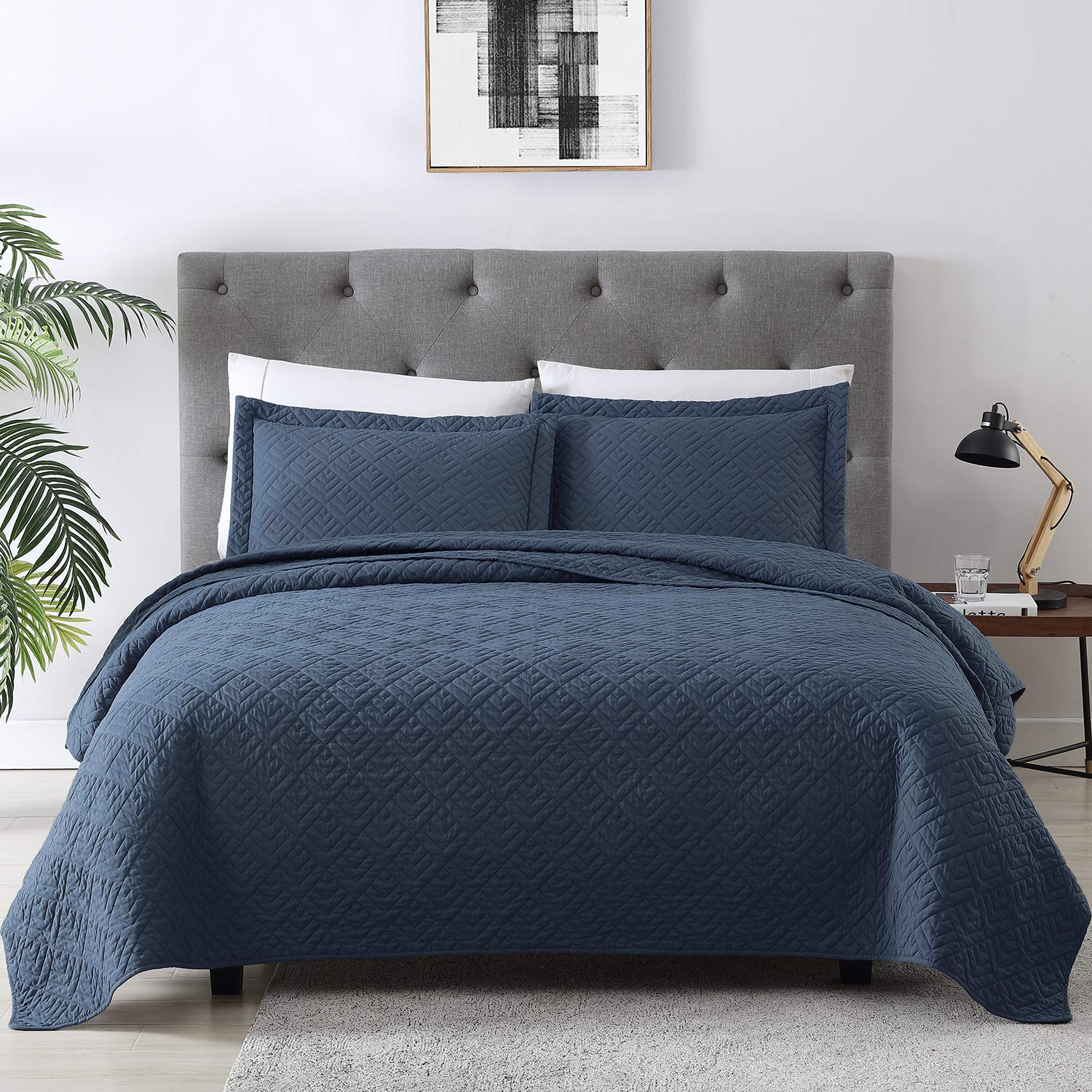 EXQ Home Quilt Set Full Queen Size Navy 3 Piece,Lightweight Microfiber Coverlet Modern Style Squares Pattern Bedspread Set