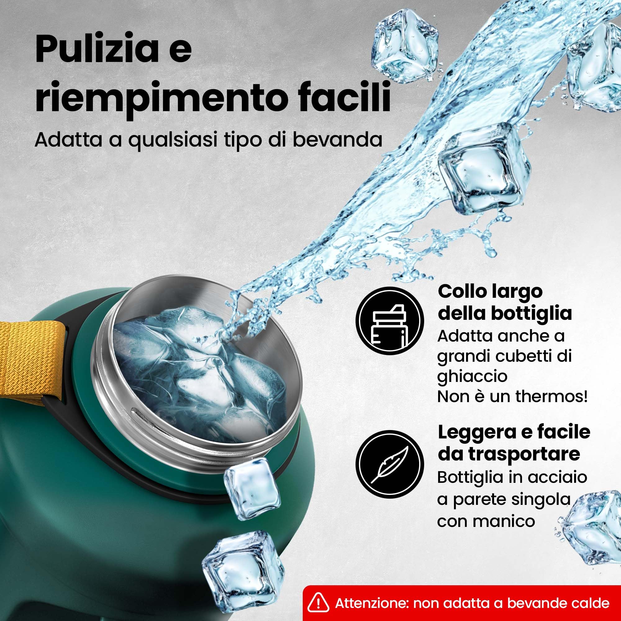 Borraccia in acciaio inox Active Flask + cannuccia (3 tappi) | 1,3/2,2 litri bottiglia sportiva senza BPA a prova di perdite per bibite gassate, 2l XL bottiglie Sport Outdoor Palestra Acqua