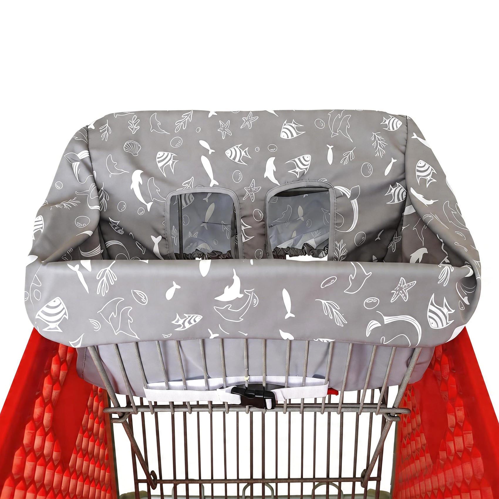 Funda portátil para carrito de la compra, fundas para silla alta y carrito de comestibles para bebés, niños, bebés y niños pequeños, incluye bolsa de transporte gratis (mundo marino gris)