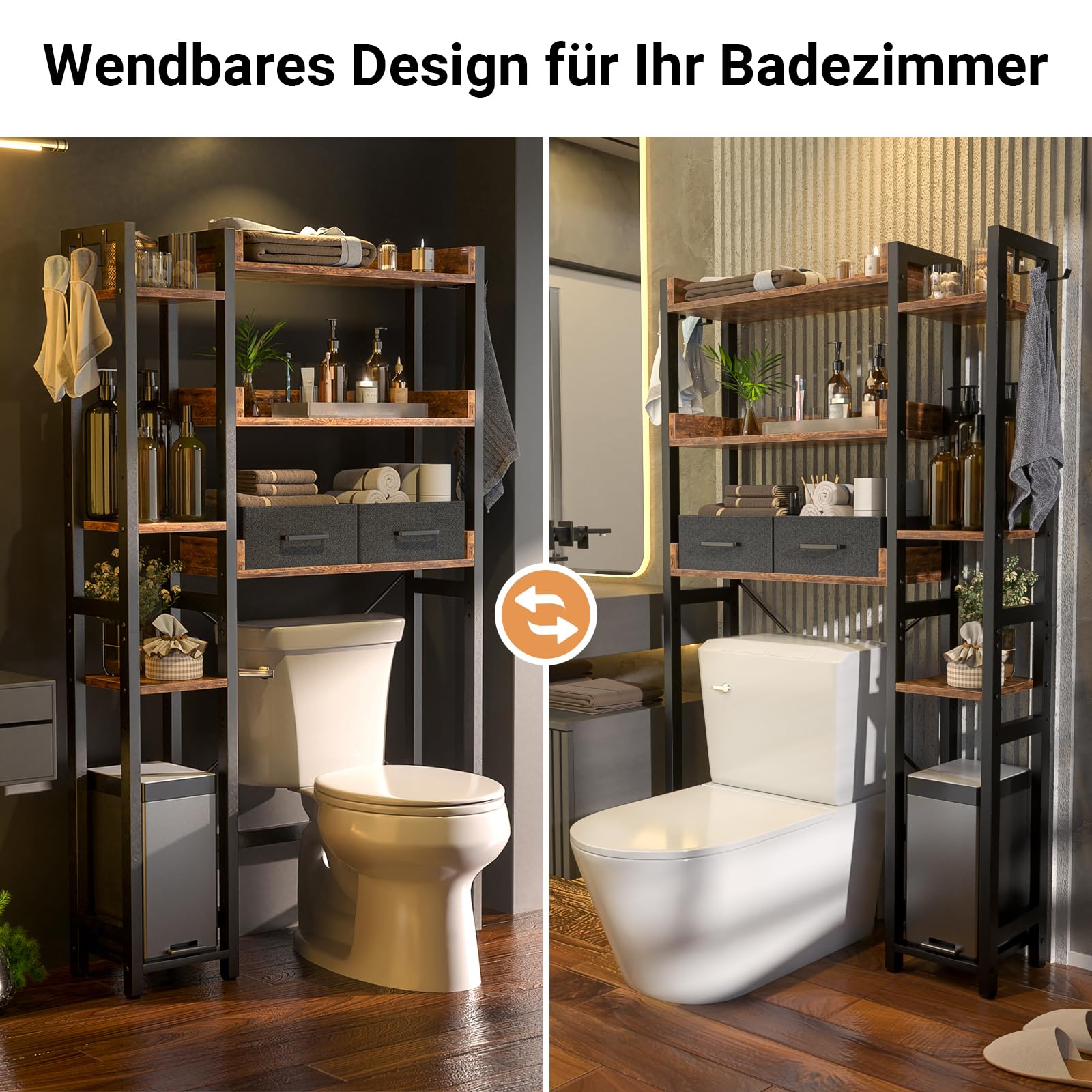 iSunirm Waschmaschinenregal mit 2 Schubladen – 7-stöckiger Toilettenregal mit verstellbarem Regal, Toilettenregal mit 4 Haken für Bad und Waschküche, Rustikales Braun
