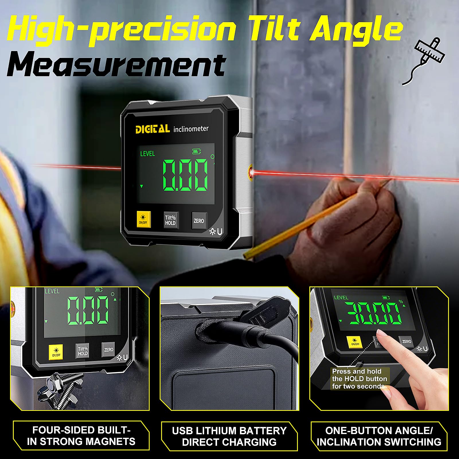 Inclinomètre Numérique Magnétique, Niveau Electronique USB Rechargeable avec Laser, 4 Faces Magnétiques Niveau Digital avec Écran LED pour Travail du Bois, Travaux, Construction, Machines