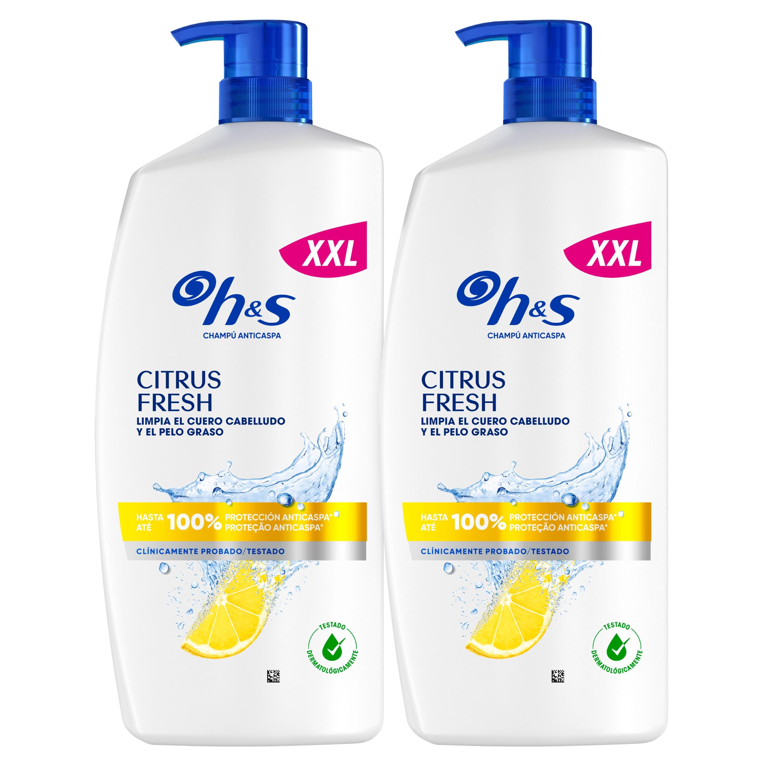H&S Citrus Fresh Champú Anticaspa para Pelo Graso 2x1000ml, con Dispensador. Hasta 100% de Protección Anticaspa, Clínicamente Probado. Frescor y Limpieza con Aroma a Cítricos, New Version