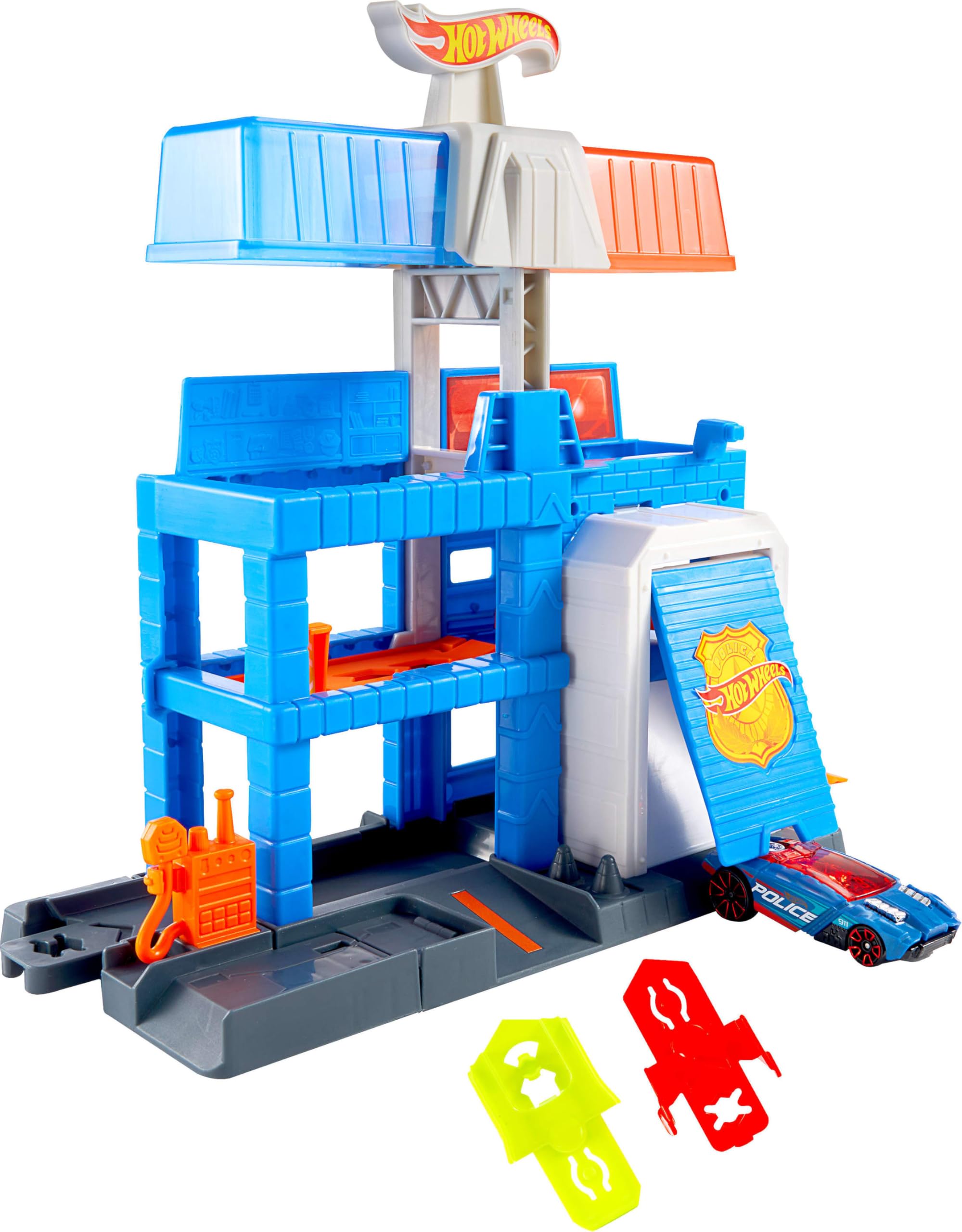 Hot Wheels Spielzeugauto Trackset, City Downtown Polizeistation und Die-Cast-Polizeiauto im Maßstab 1:64, erstreckt Sich auf 3 Ebenen, Track-Schnellstecksystem, JHL74