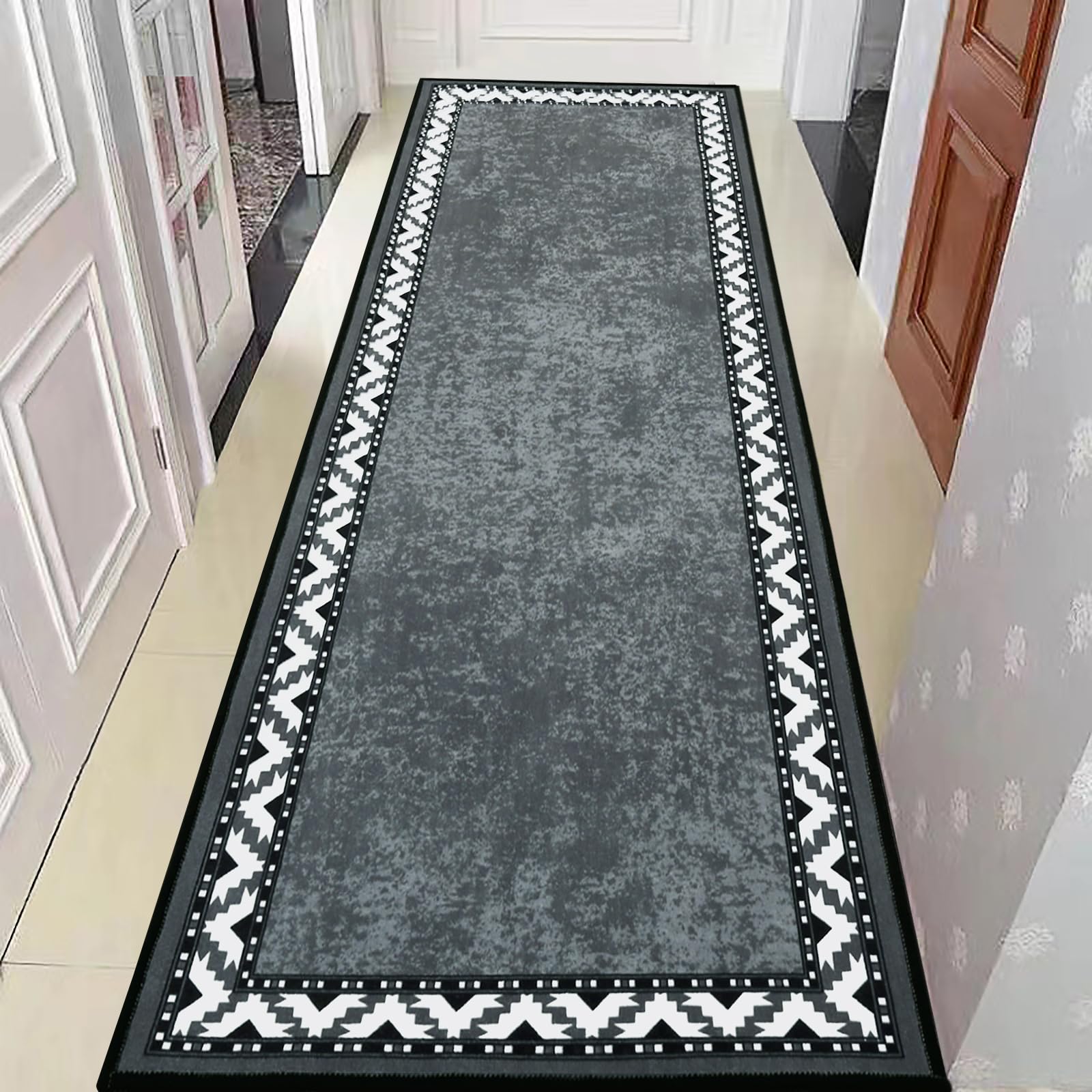 Hallway Runner Rug Non Slip Washable Long Door Mat Indoor Runners for Kitchen Entryway Hall, Durable Carpet Runner with Rubber Backed, Grey & White, 66x180 cm
