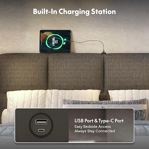 Miniatura 3 de FLEXISPOT Base de cama de plataforma tapizada Queen con cabecera ajustable, puertos USB y tipo C, soporte de 900 libras, tela de lino, certificado