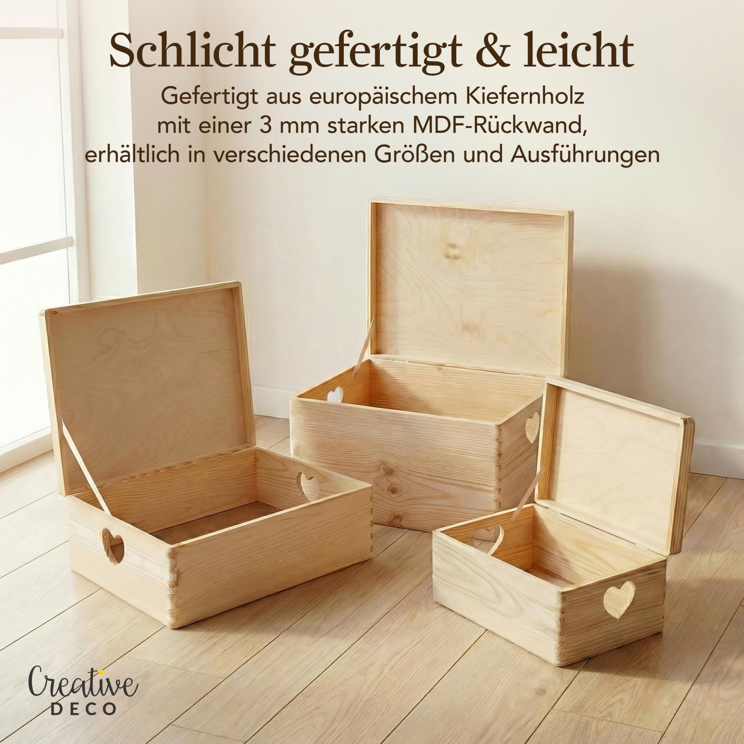 Creative Deco Holzkiste mit Deckel | 40x30x24 cm (+/-1cm) | Erinnerungsbox Baby Groß Holzbox Unlackiert Kasten | Herzförmigen Griffen | Für Dokumente Ostern Spielzeuge Werkzeuge ROH UNGESCHLIFFEN