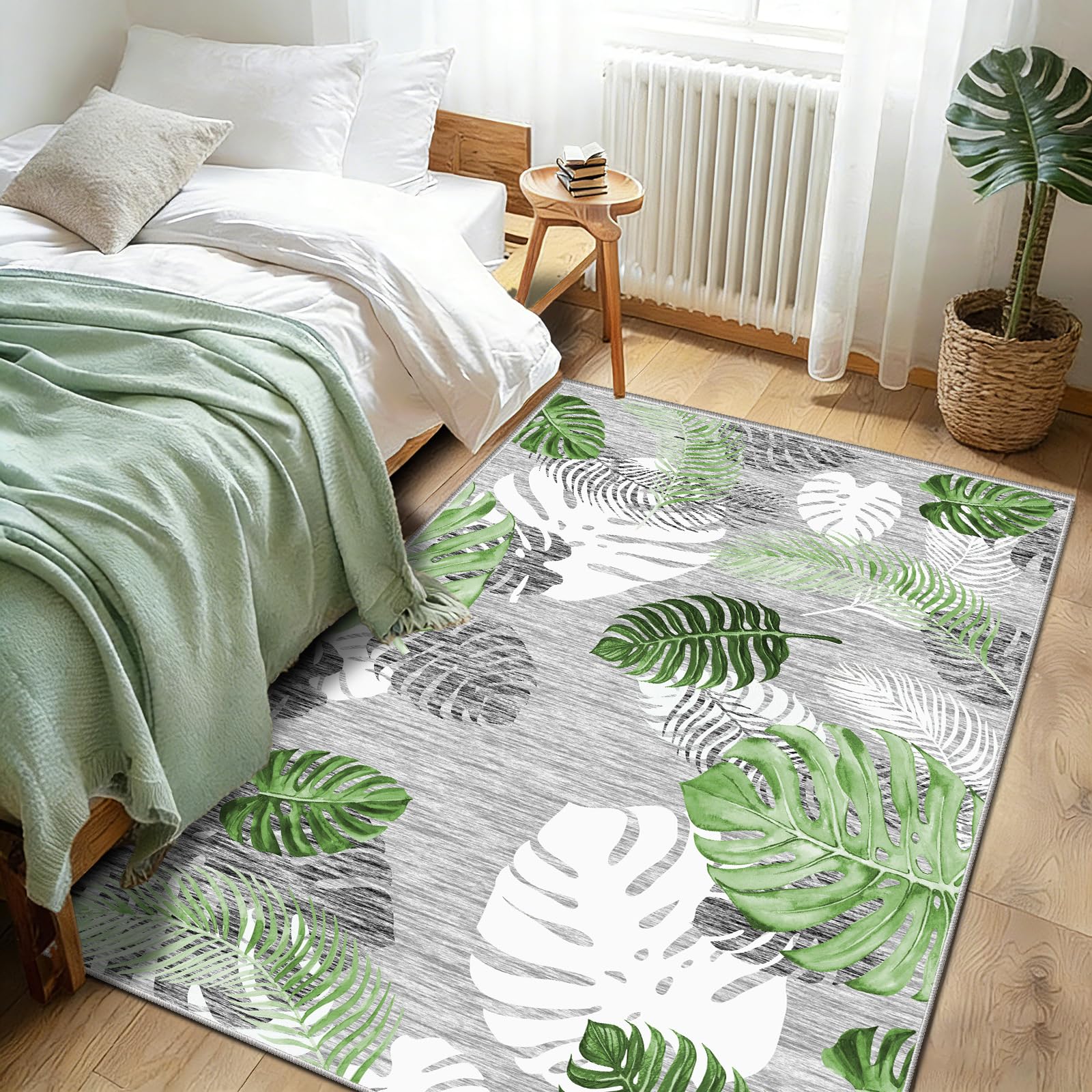 FTCJWL Washable Rugs Living Room 80x160cm Sage Green Bedroom Rug Non-Slip Area Rugs Monstera Plant Modern for Dining Room Kids Nursery Office Decor — image 1