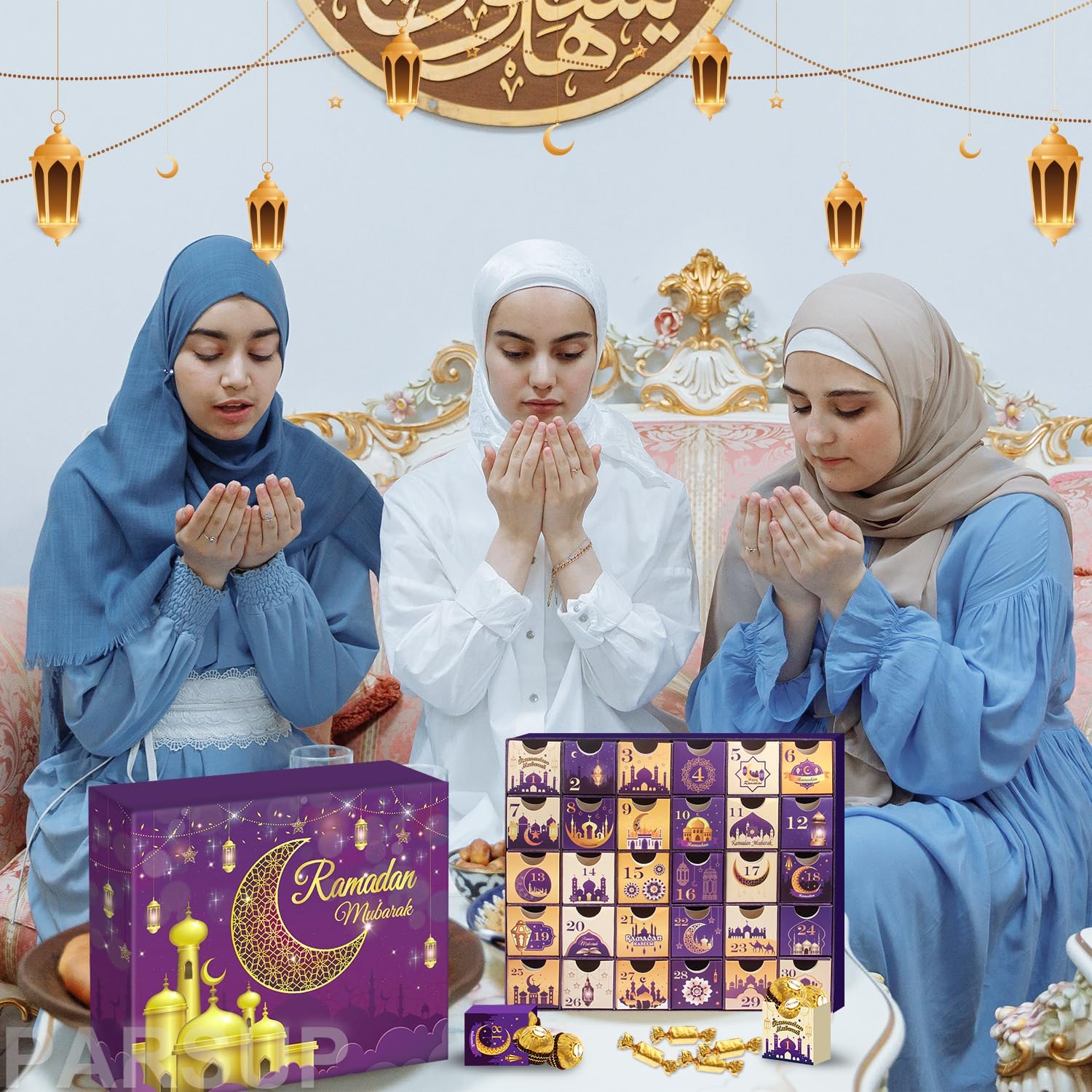 Ramadan Advent Calendar with Drawers, 30 Empty Boxes for 30 days, Eid Mubarak Coutdown Calendar Fillable Ramadan Gift, Islamic Art, Cardboard Number Storage Box, Ramadan Party Supplies - Purple
