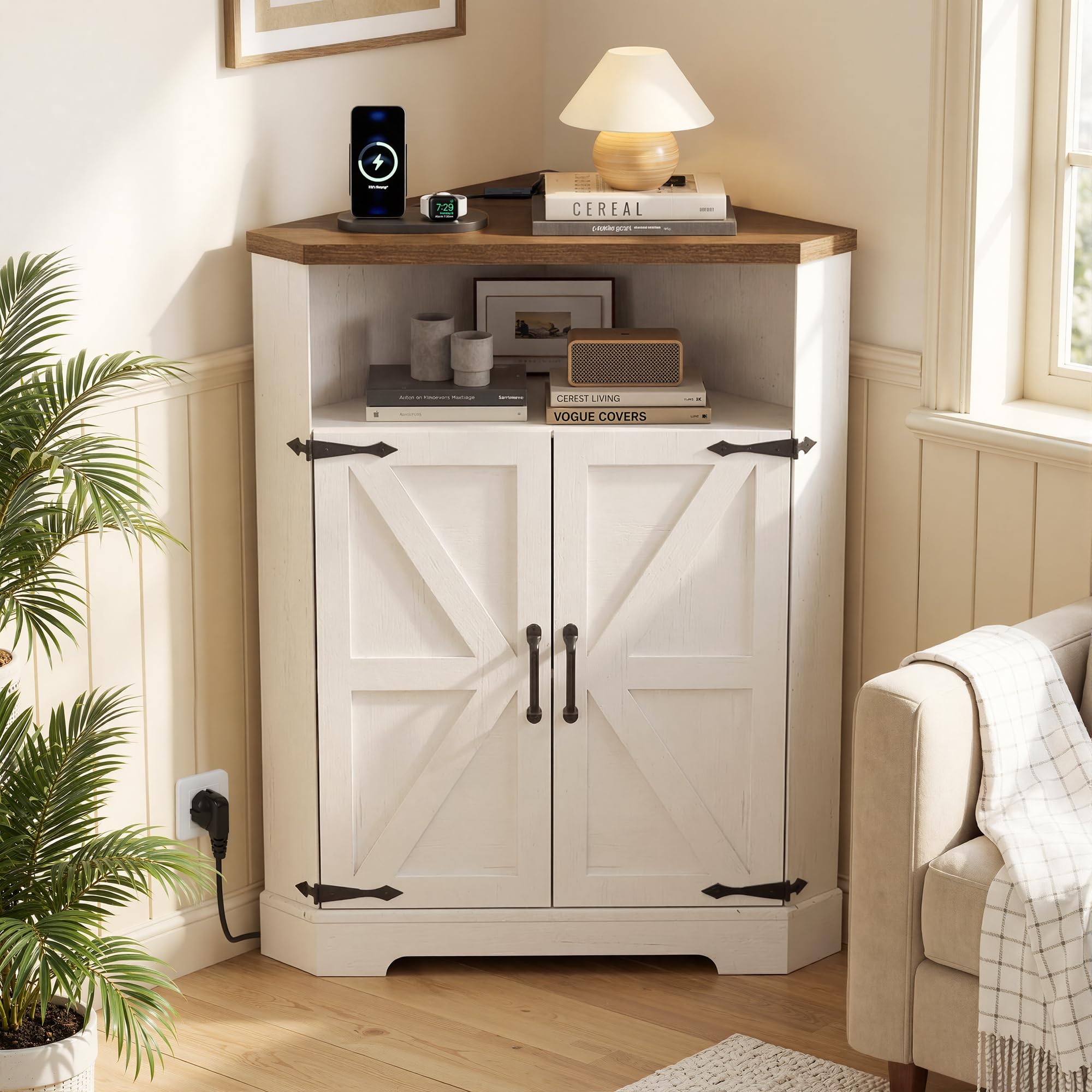 BonVache Eckschrank mit verstellbaren Fächern und offenem Stauraum, Schrank mit Steckdose, geeignet als Aufbewahrungsschrank für Wohnzimmer, Flur und Badezimmer, Weiß