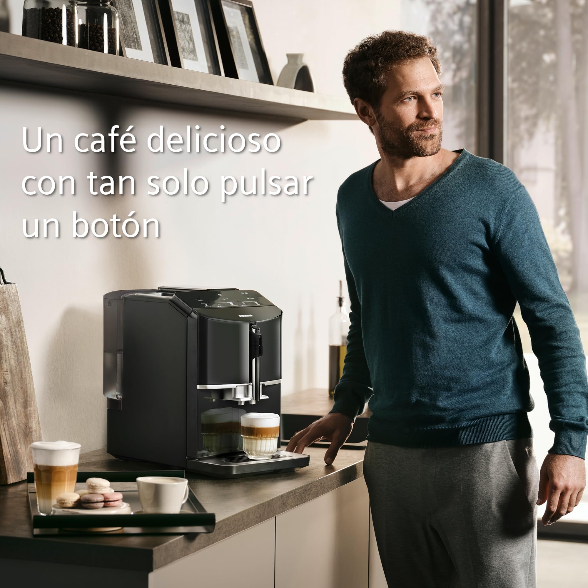 SIEMENS - Cafetera superautomática, EQ300, molinillo cerámico,espumador de leche, función oneTouch, negro, TF301E19