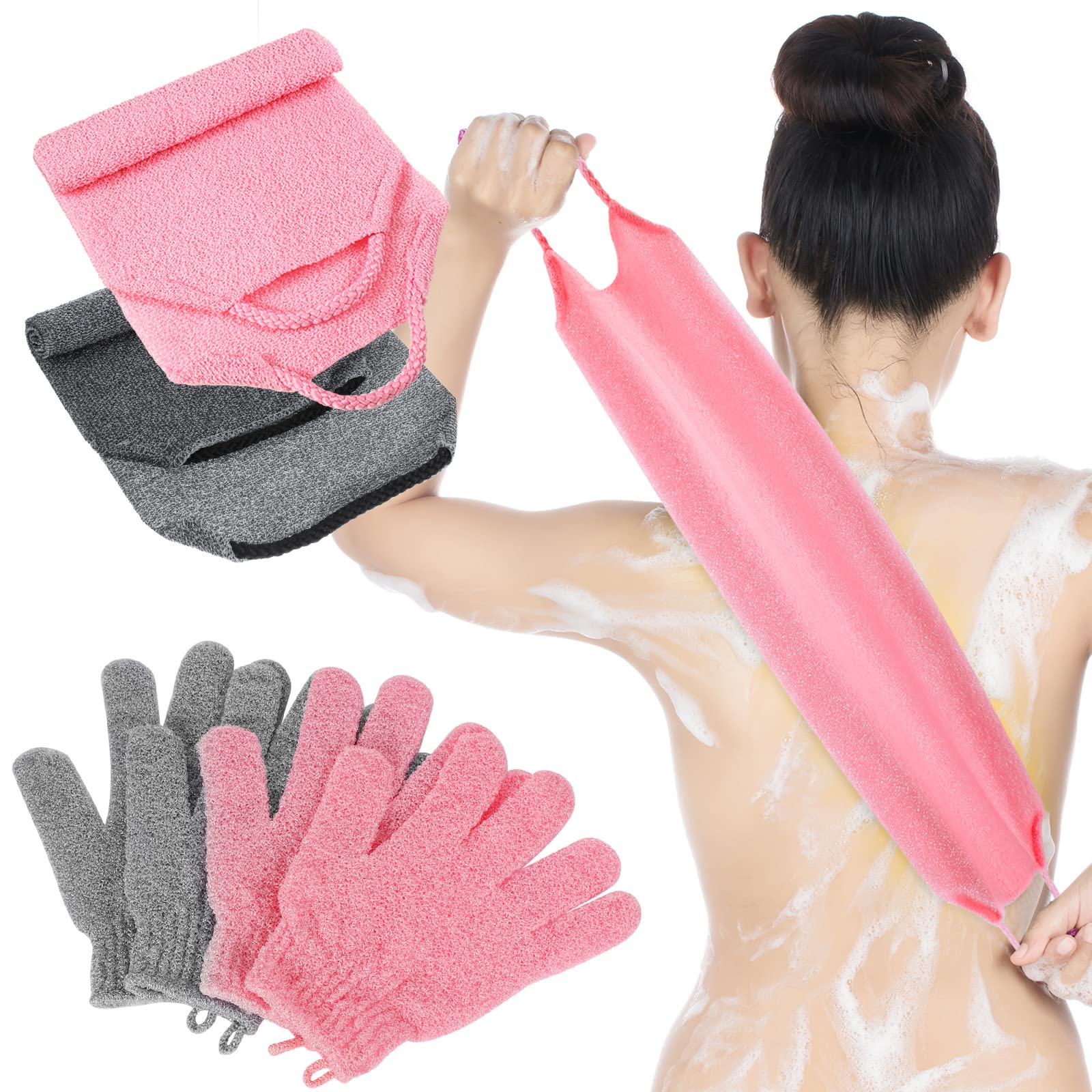 4 Pack Exfoliating Washcloth Back Scrubber Set, 2 Exfoliating Body Scrubber Nylon Back Body Scrub Towel, 2 Pairs Shower Gloves for Women Men Bath